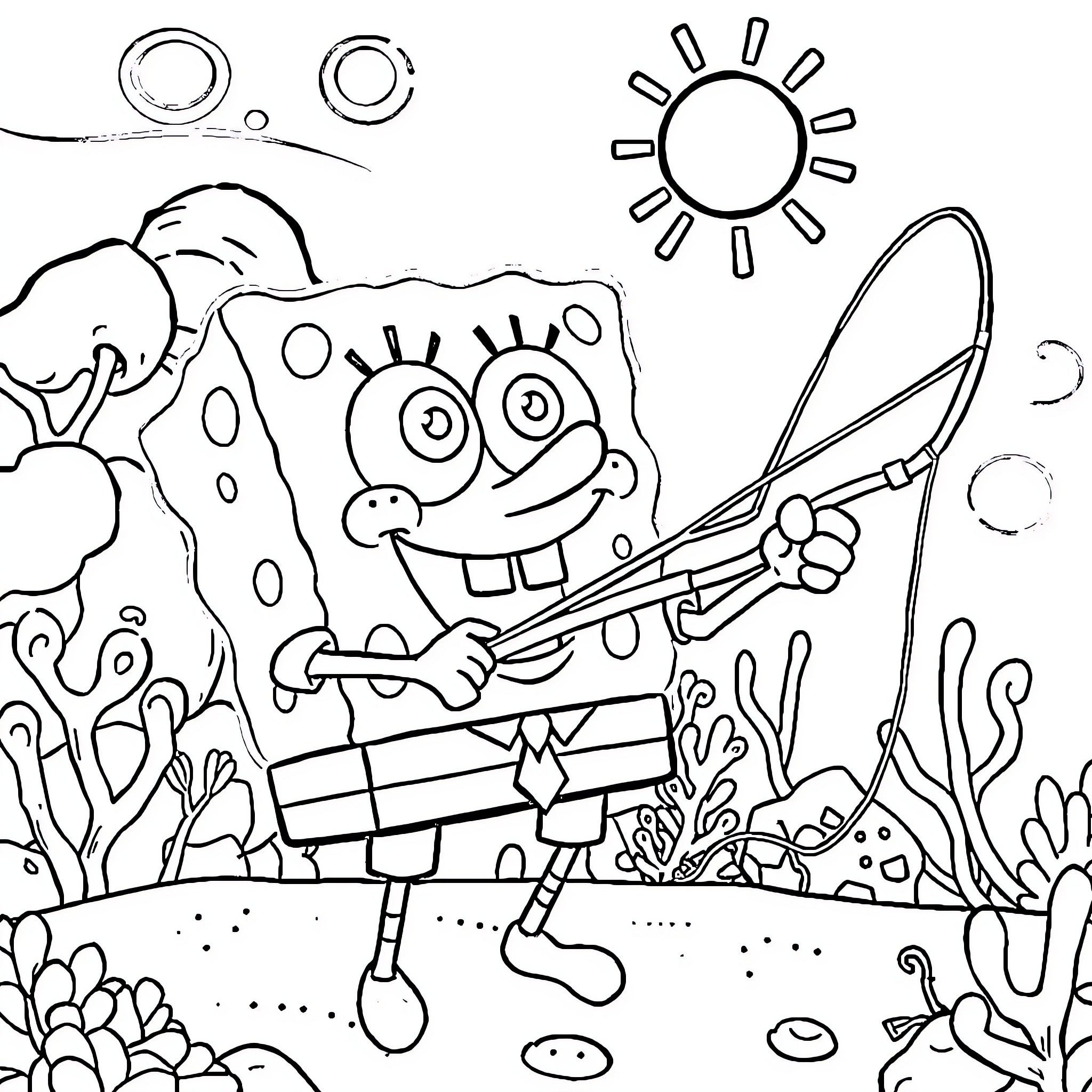 Spongebob enjoying fishing in the sea Coloring Page (free black-and-white line drawing printable PDF for all, from beginners to advanced learners, including children, teens, adults, and seniors)