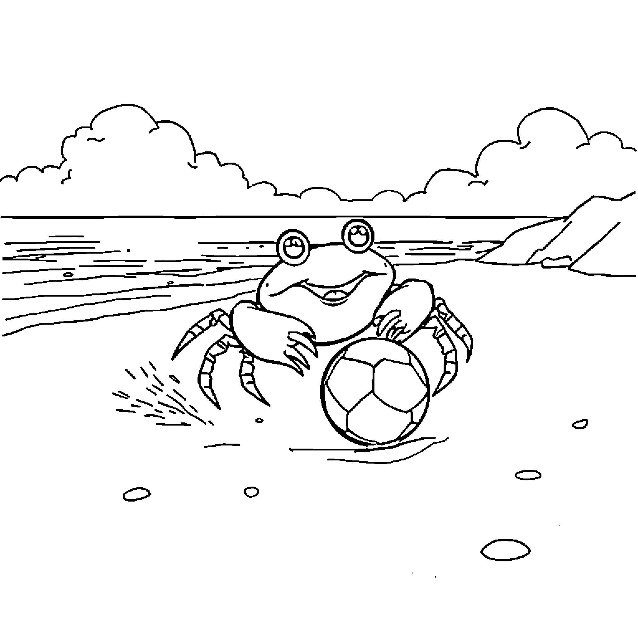 Crab enjoying a game of soccer on the beach Coloring Page (free black-and-white line drawing printable PDF for all, from beginners to advanced learners, including children, teens, adults, and seniors)