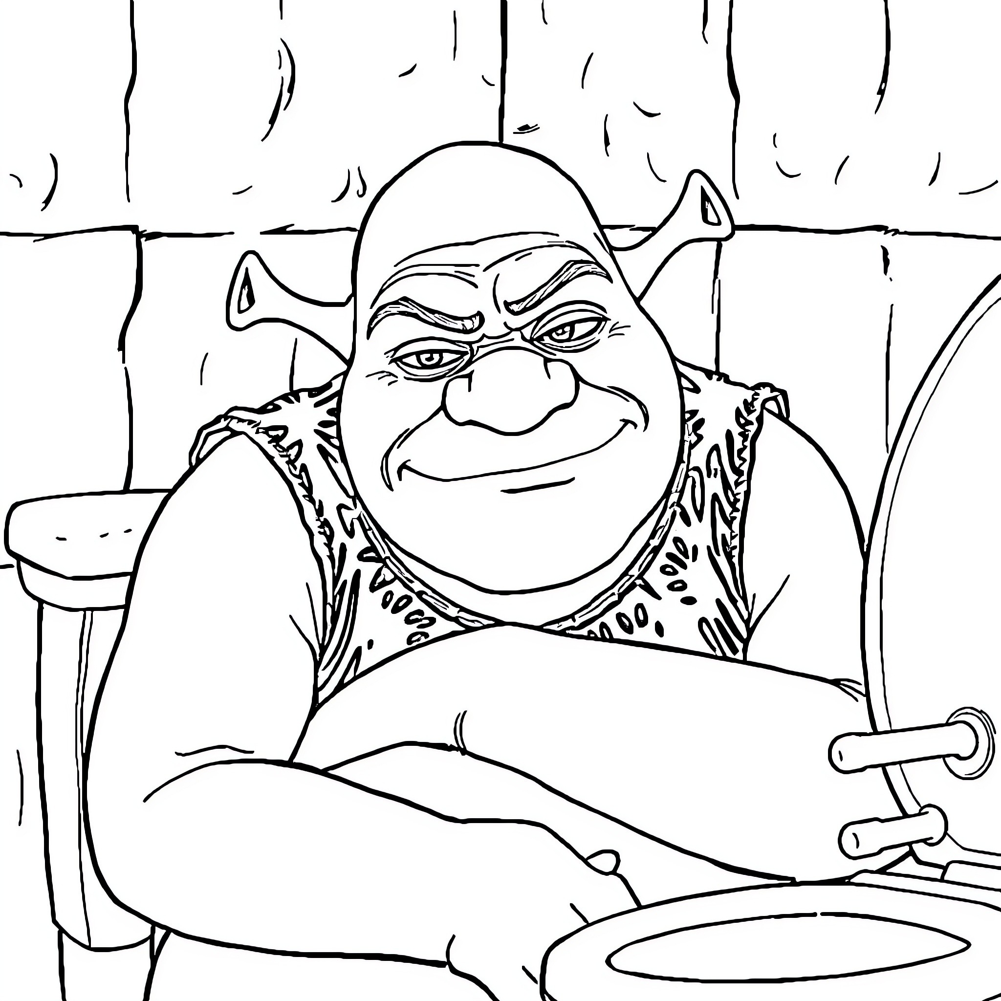 Shrek enjoying a meal Coloring Page (free black-and-white line drawing printable PDF for all, from beginners to advanced learners, including children, teens, adults, and seniors)