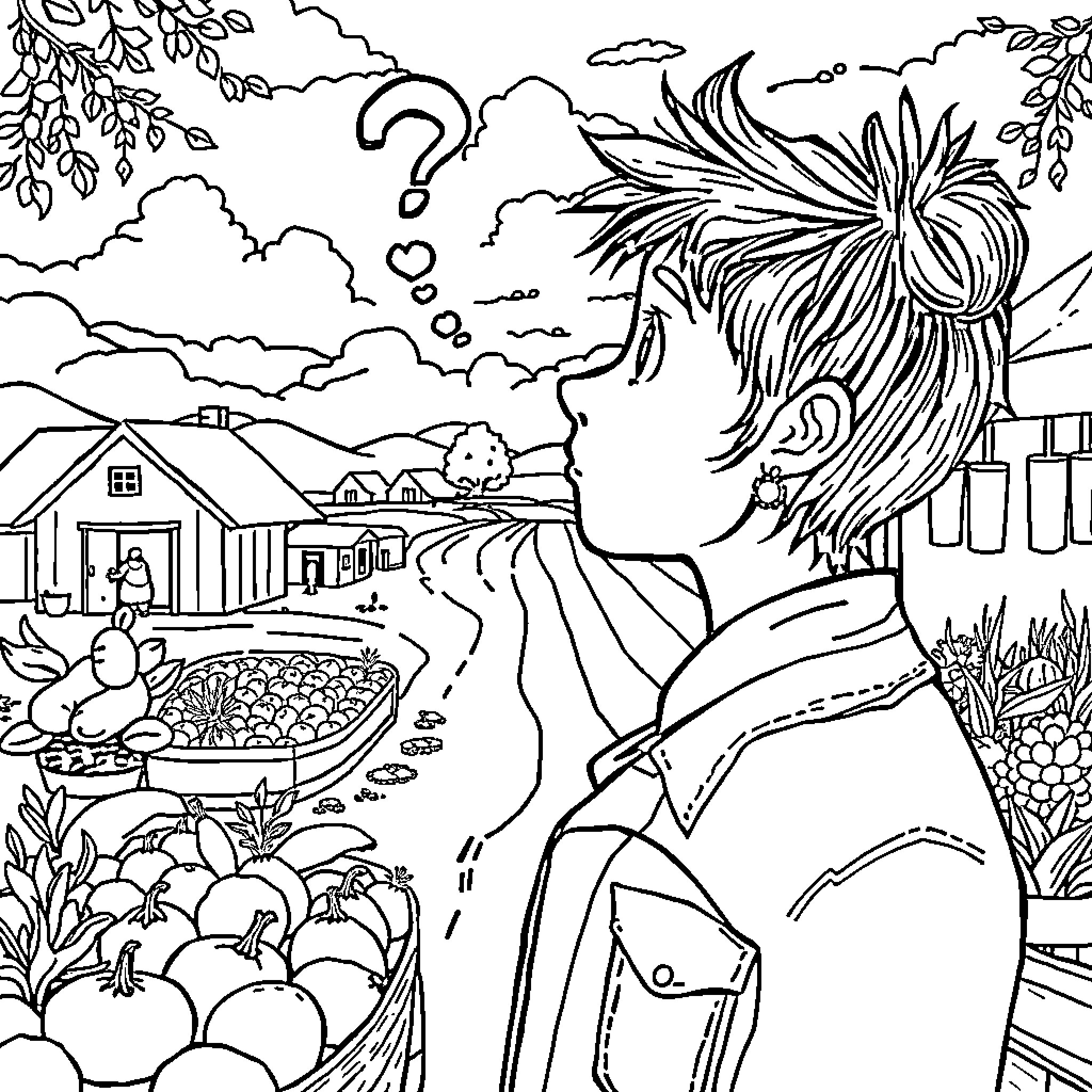 Food items and person in countryside landscape Coloring Page (free black-and-white line drawing printable PDF for all, from beginners to advanced learners, including children, teens, adults, and seniors)