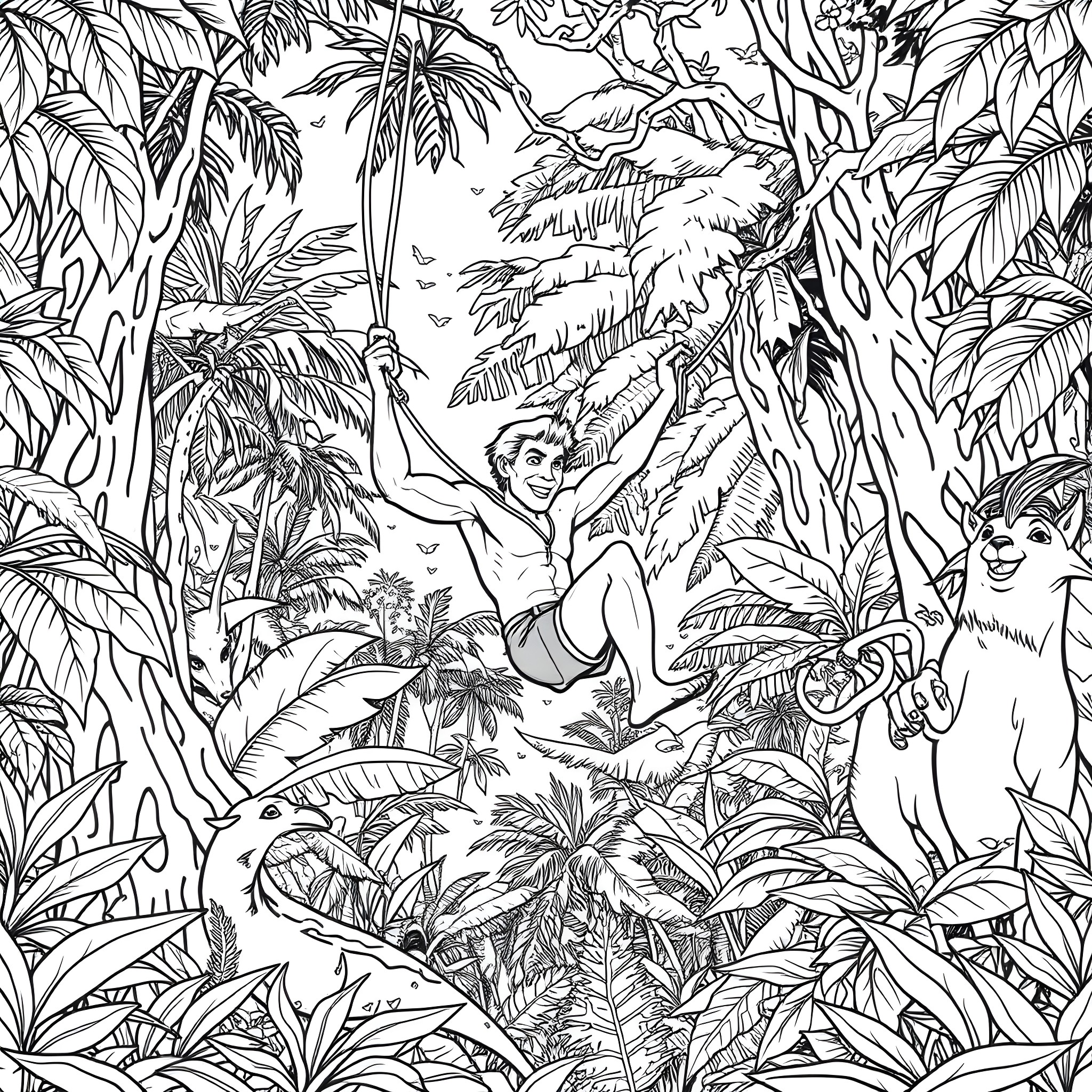 Tarzan swinging through the lush jungle with animal companions Coloring Page (free black-and-white line drawing printable PDF for all, from beginners to advanced learners, including children, teens, adults, and seniors)