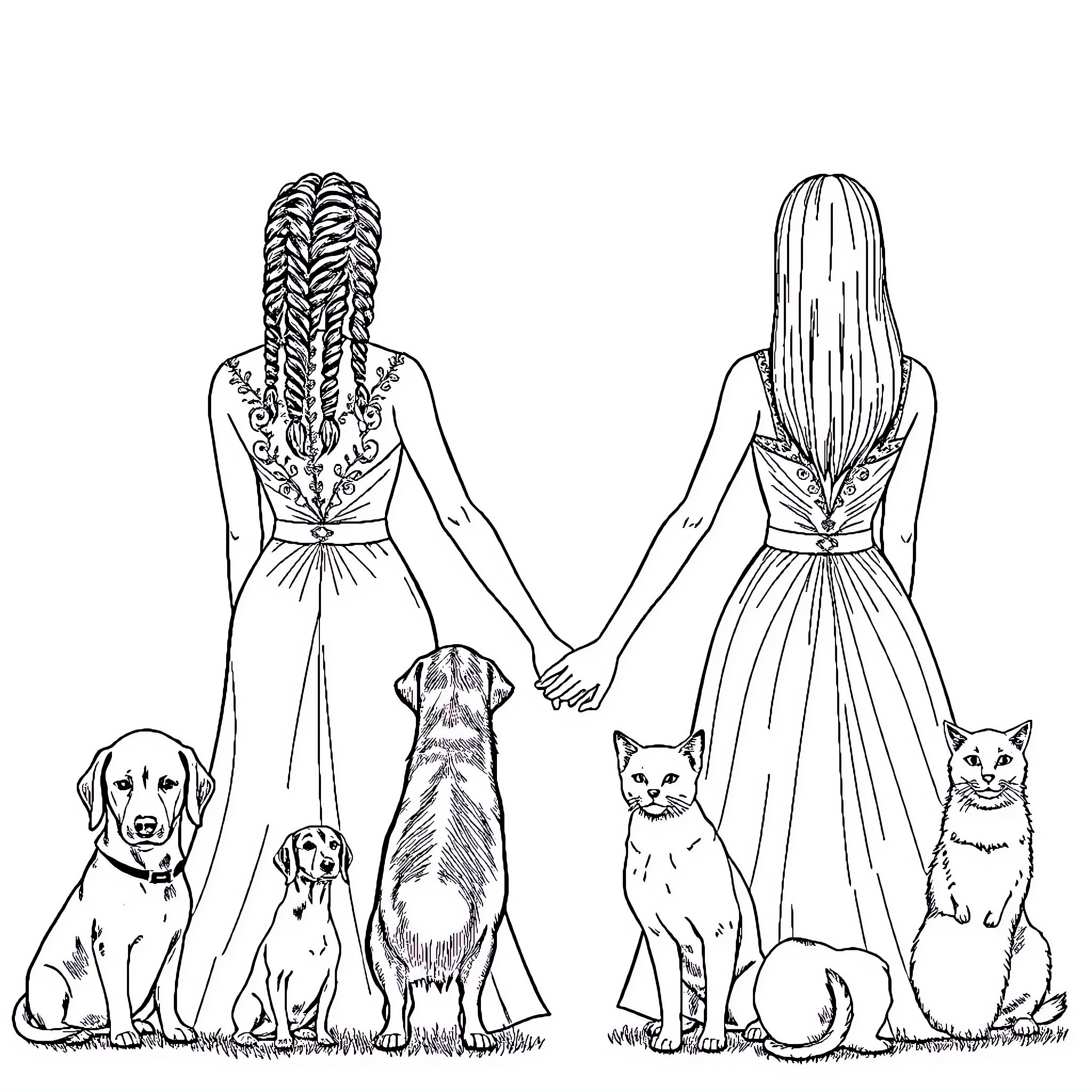 Women with Braided Hair Embracing Pets Coloring Page (free black-and-white line drawing printable PDF for all, from beginners to advanced learners, including children, teens, adults, and seniors)
