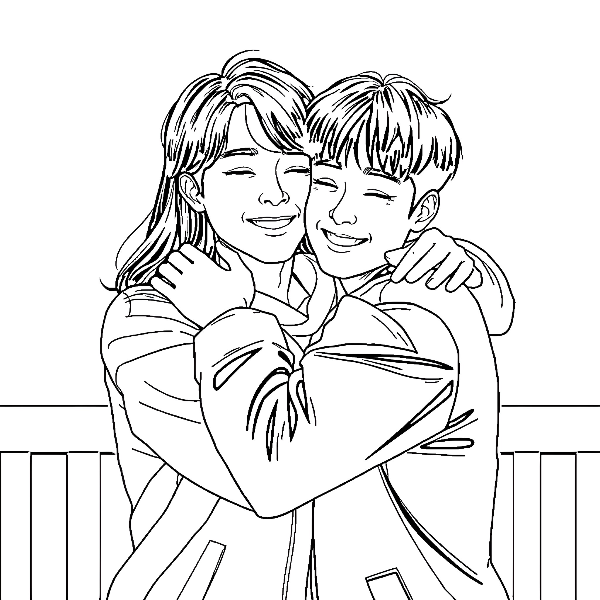 Korean Idol Couple Sharing an Intimate Moment Coloring Page (free black-and-white line drawing printable PDF for all, from beginners to advanced learners, including children, teens, adults, and seniors)
