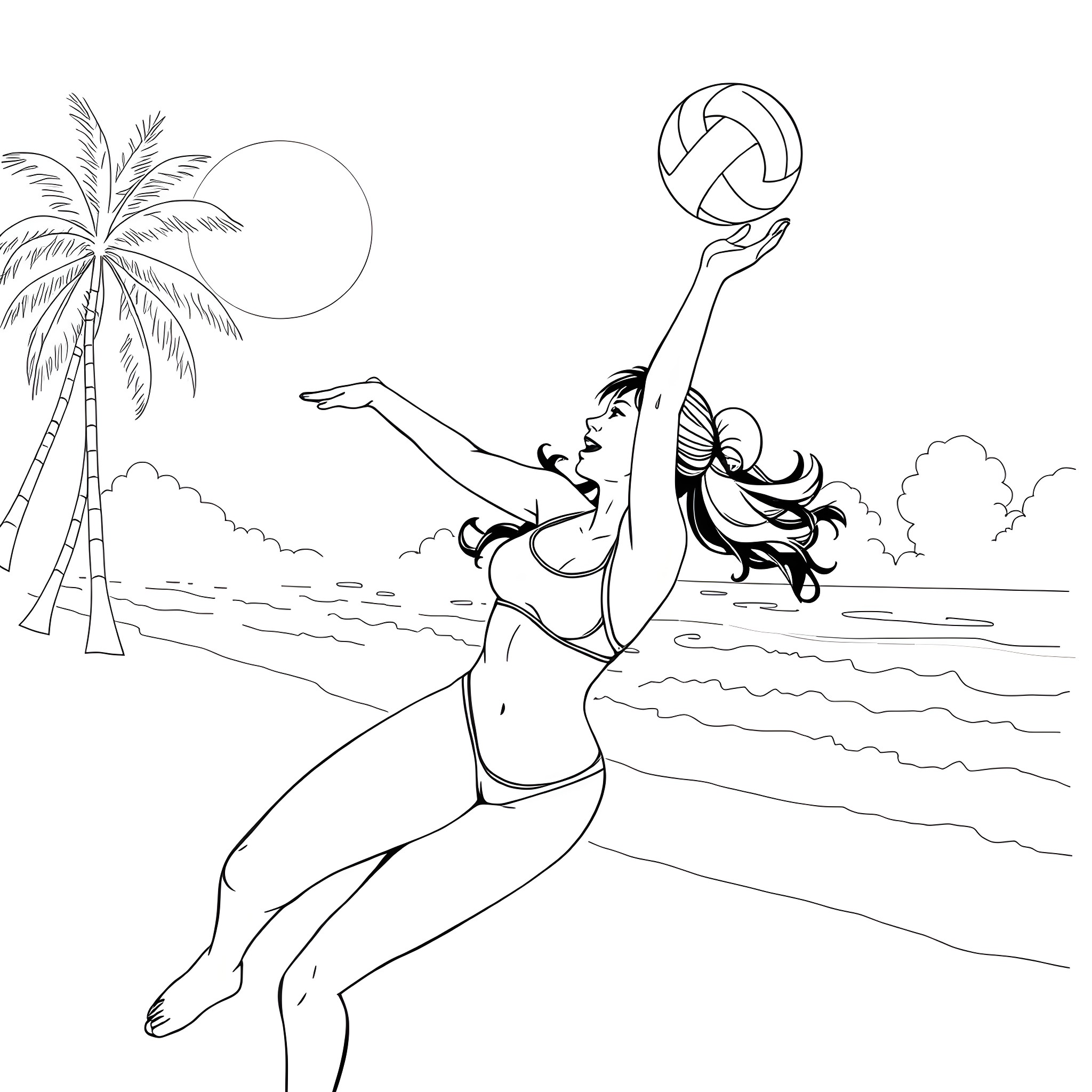 Makima playing volleyball on a tropical beach Coloring Page (free black-and-white line drawing printable PDF for all, from beginners to advanced learners, including children, teens, adults, and seniors)