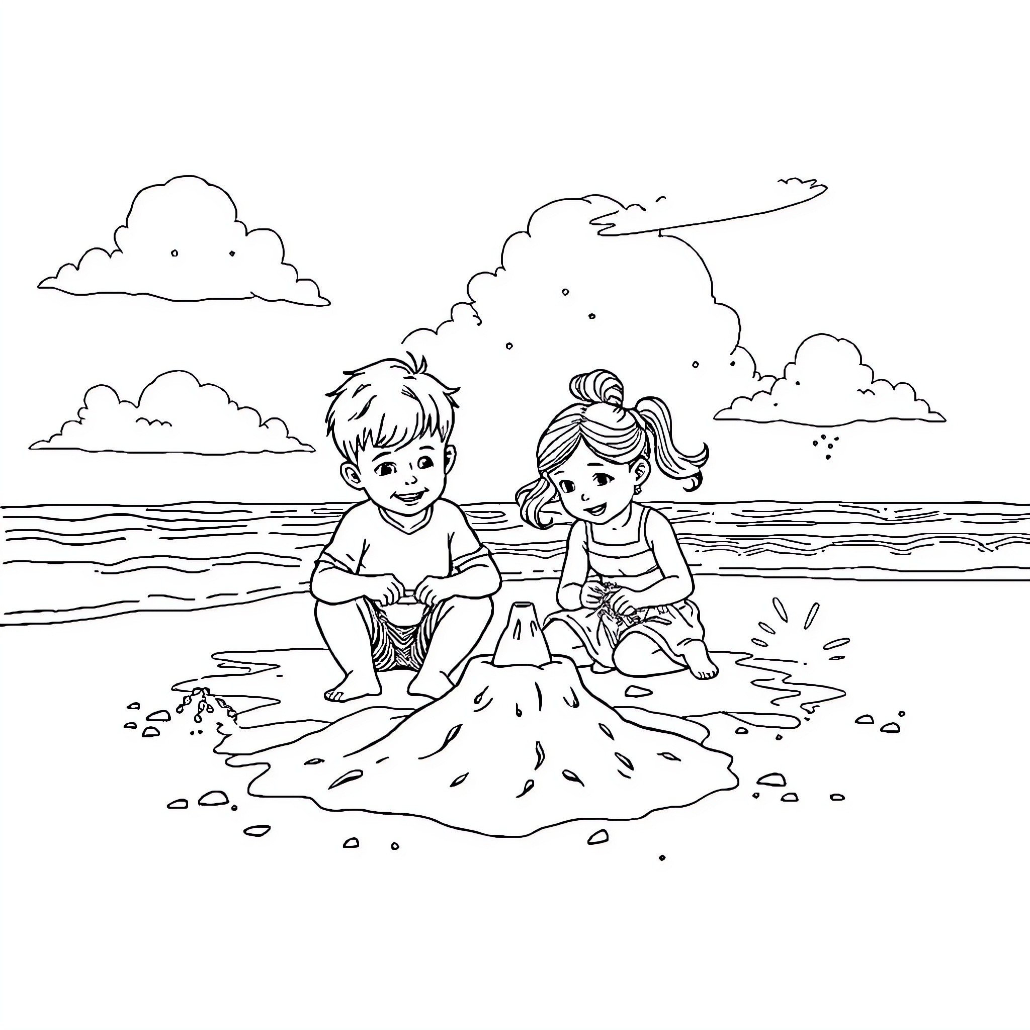 Child playing in the sand at the beach Coloring Page (free black-and-white line drawing printable PDF for all, from beginners to advanced learners, including children, teens, adults, and seniors)