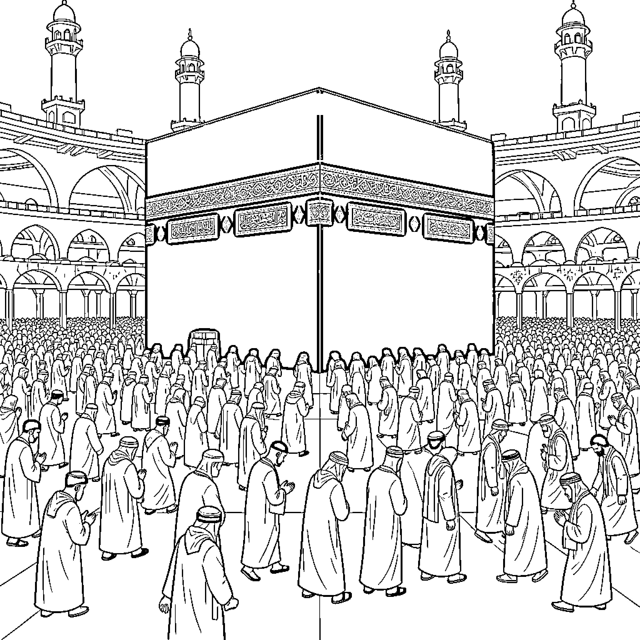 Kaaba surrounded by pilgrims performing religious rituals Coloring Page (free black-and-white line drawing printable PDF for all, from beginners to advanced learners, including children, teens, adults, and seniors)
