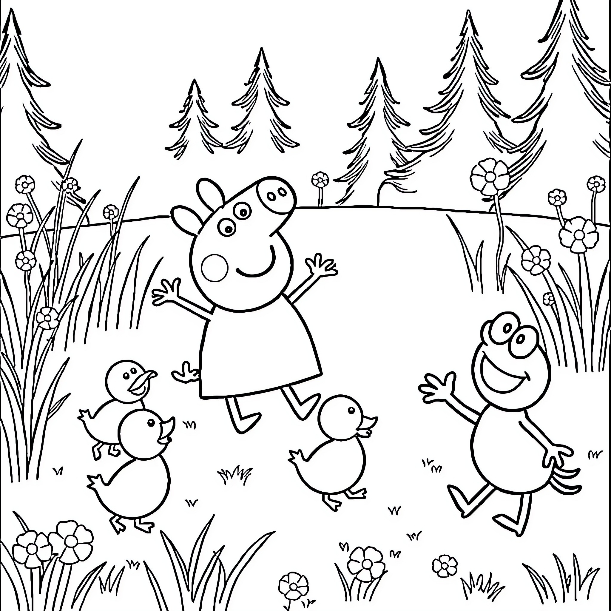 Peppa Pig enjoying outdoor adventure with friends Coloring Page (free black-and-white line drawing printable PDF for all, from beginners to advanced learners, including children, teens, adults, and seniors)