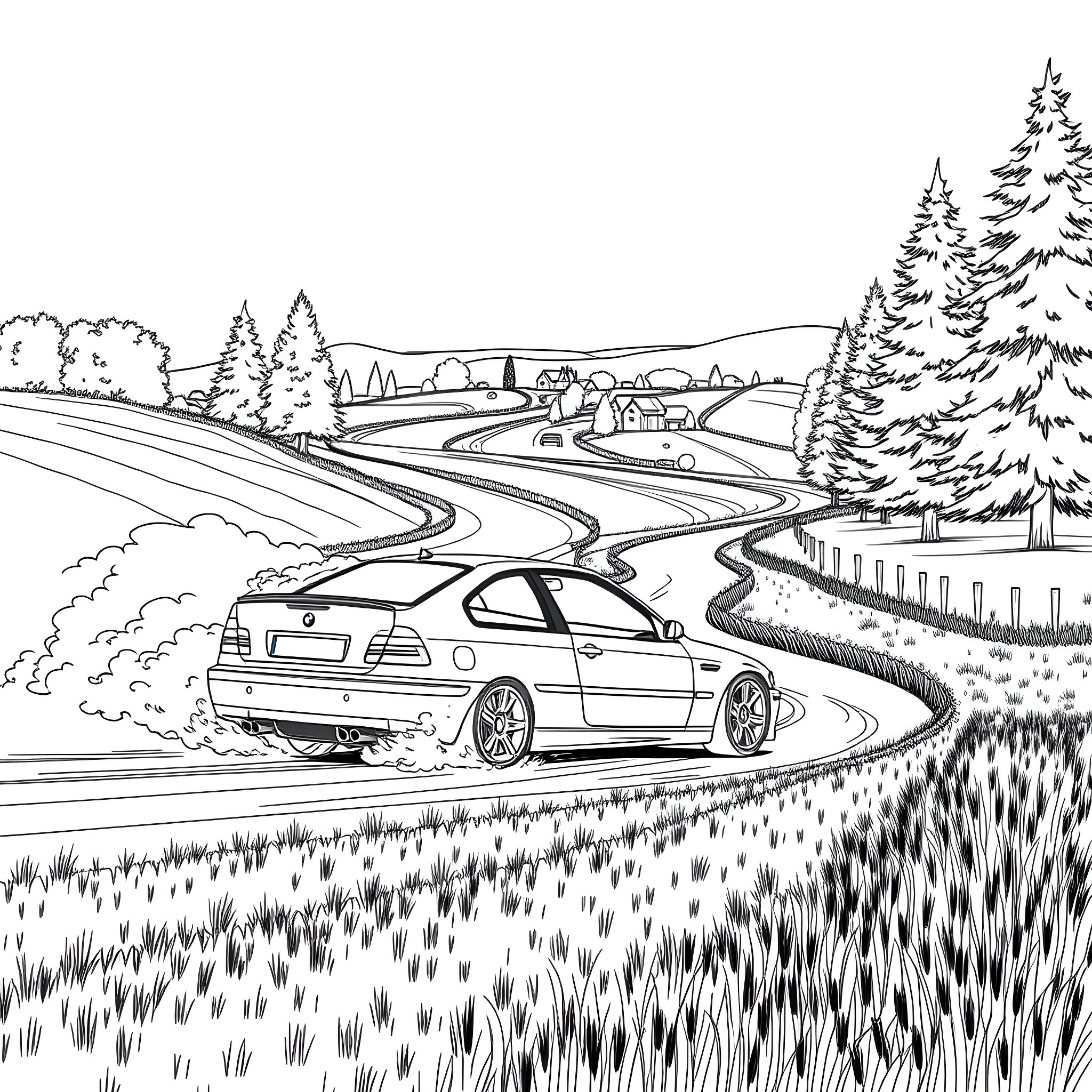 BMW driving along scenic country road Coloring Page (free black-and-white line drawing printable PDF for all, from beginners to advanced learners, including children, teens, adults, and seniors)
