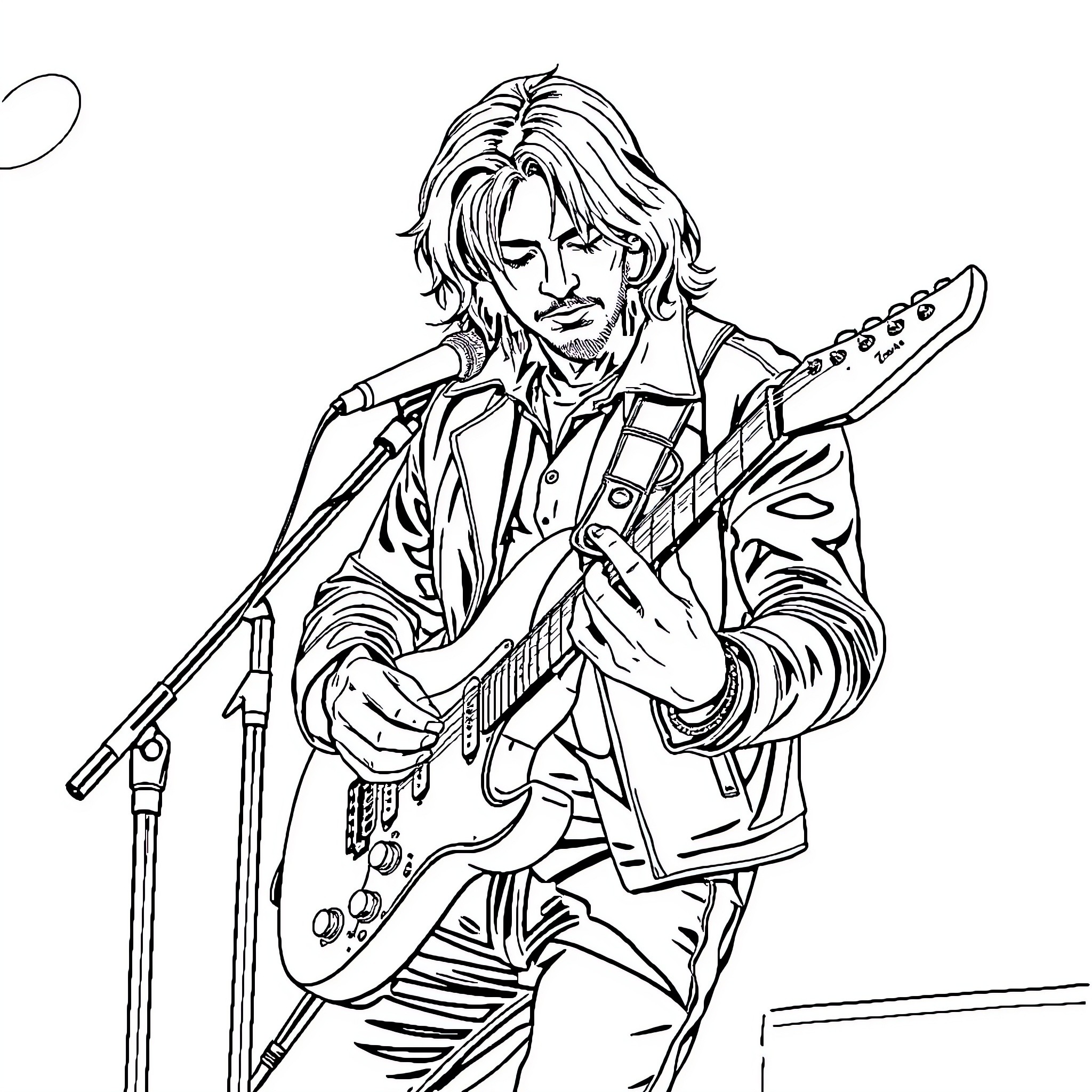 Hombre playing electric guitar on stage Coloring Page (free black-and-white line drawing printable PDF for all, from beginners to advanced learners, including children, teens, adults, and seniors)