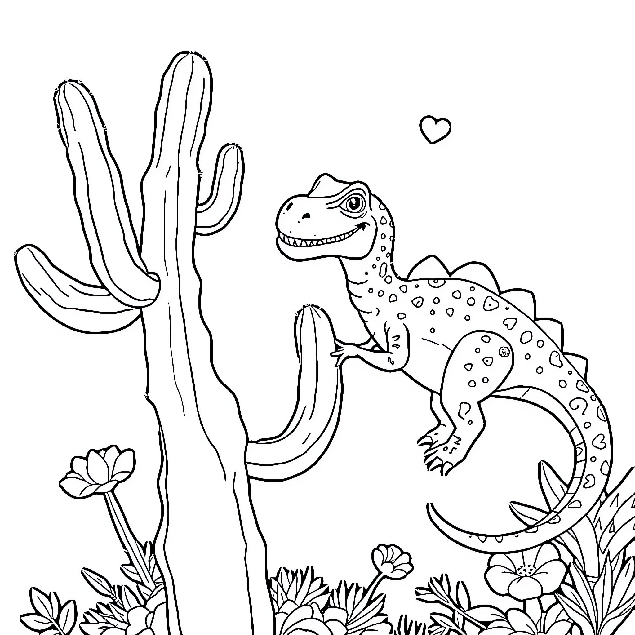 Cactus and friendly dinosaur in the wild Coloring Page (free black-and-white line drawing printable PDF for all, from beginners to advanced learners, including children, teens, adults, and seniors)