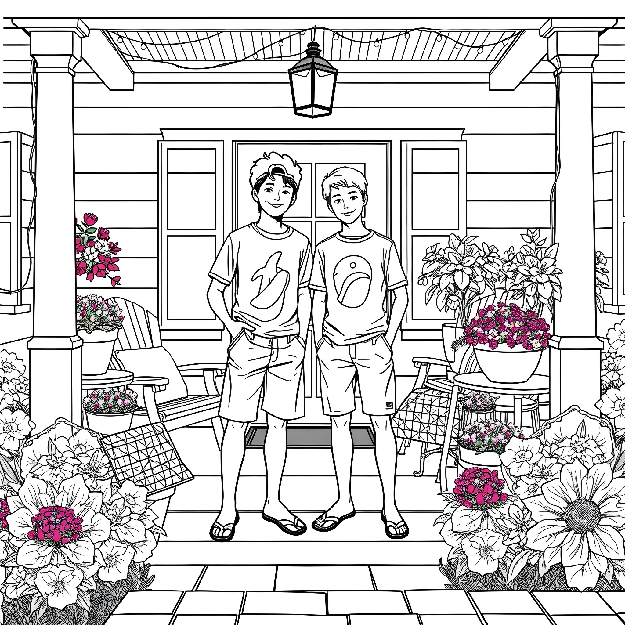 Teen Guy Friends Relaxing on Porch with Flowers Coloring Page (free black-and-white line drawing printable PDF for all, from beginners to advanced learners, including children, teens, adults, and seniors)