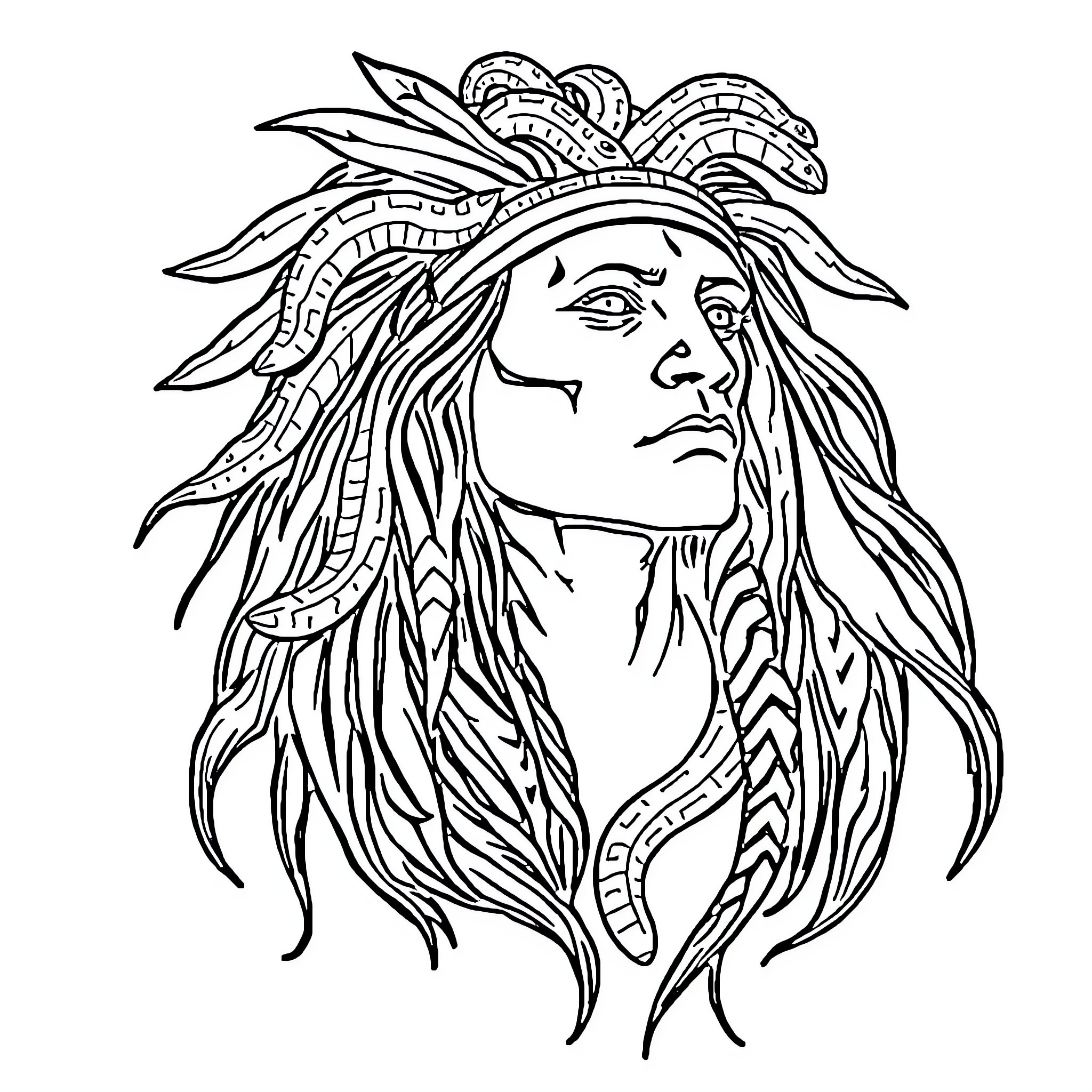 Medusa with intricate headdress and flowing hair Coloring Page (free black-and-white line drawing printable PDF for all, from beginners to advanced learners, including children, teens, adults, and seniors)