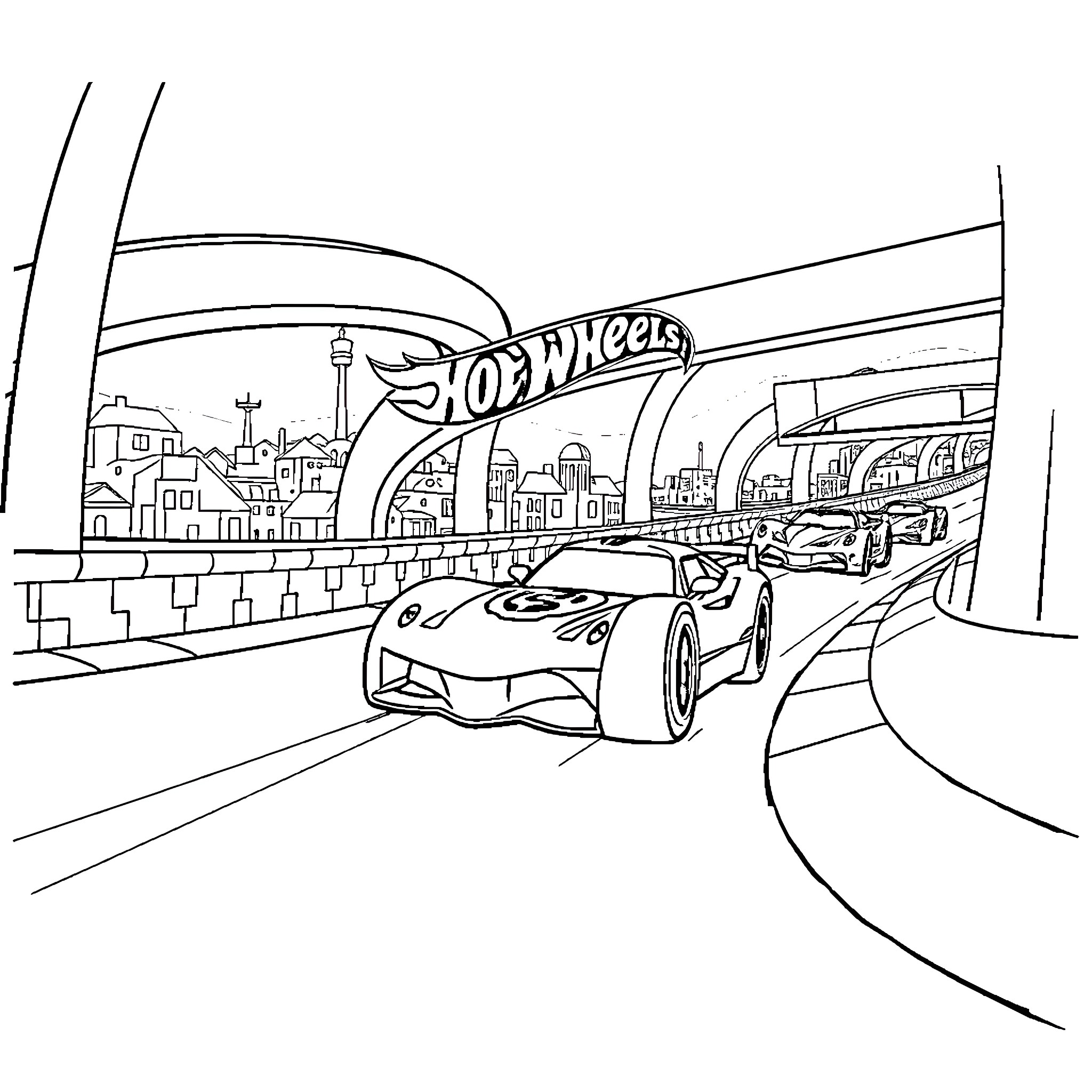 Car racing on city streets with signage Coloring Page (free black-and-white line drawing printable PDF for all, from beginners to advanced learners, including children, teens, adults, and seniors)