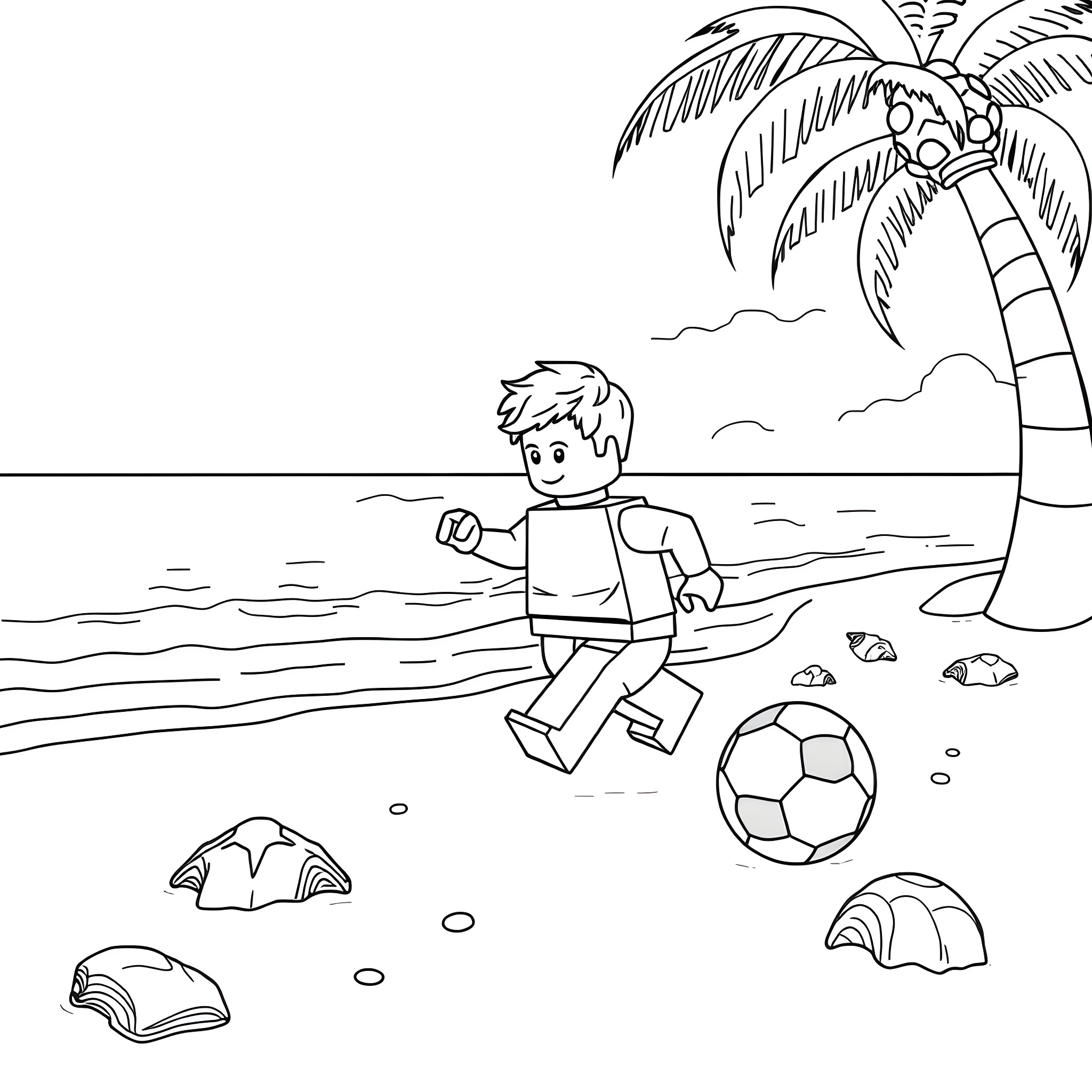 Lego Soccer Player Enjoying Beachside Game Coloring Page (free black-and-white line drawing printable PDF for all, from beginners to advanced learners, including children, teens, adults, and seniors)