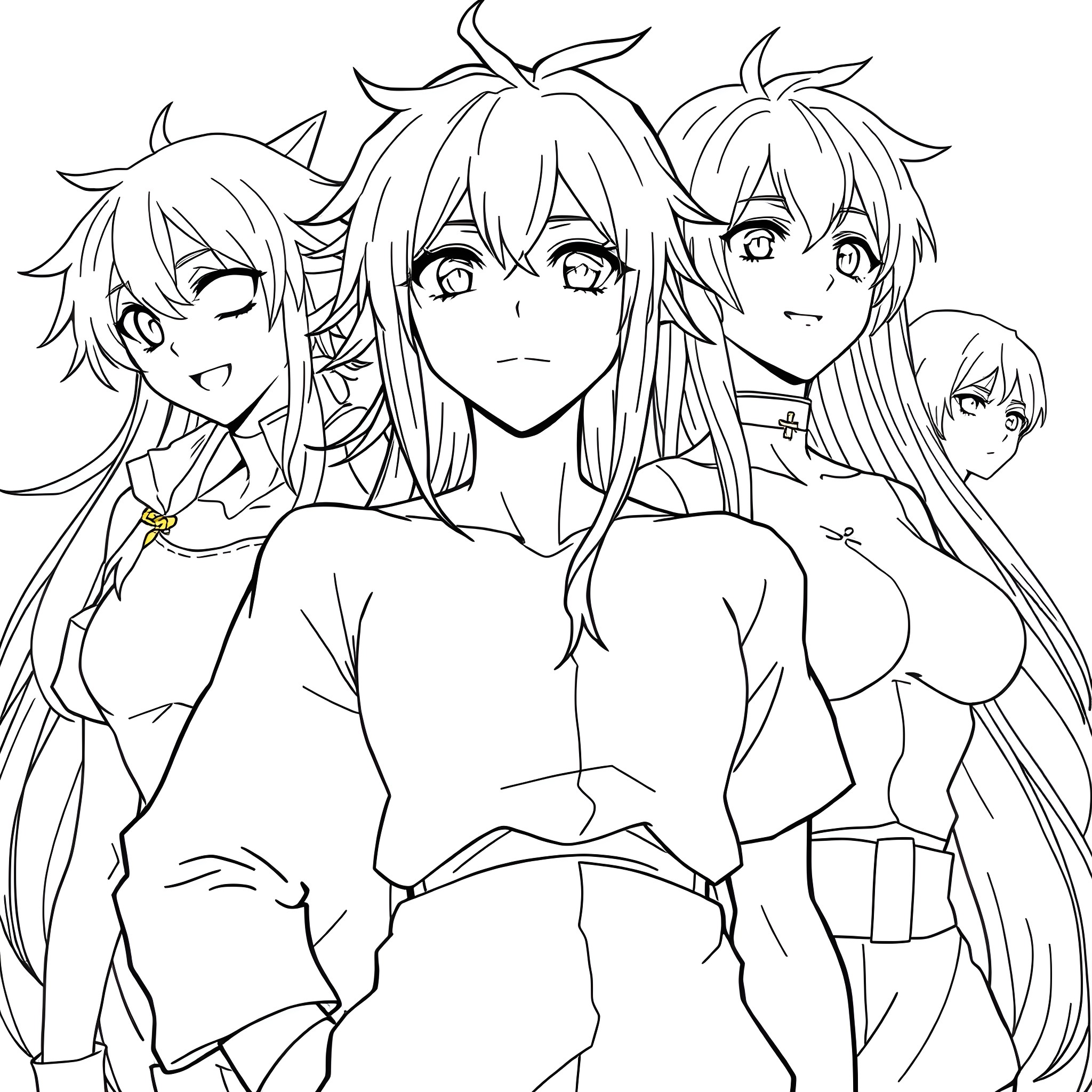 Anime Characters Posing with Expressions Coloring Page (free black-and-white line drawing printable PDF for all, from beginners to advanced learners, including children, teens, adults, and seniors)