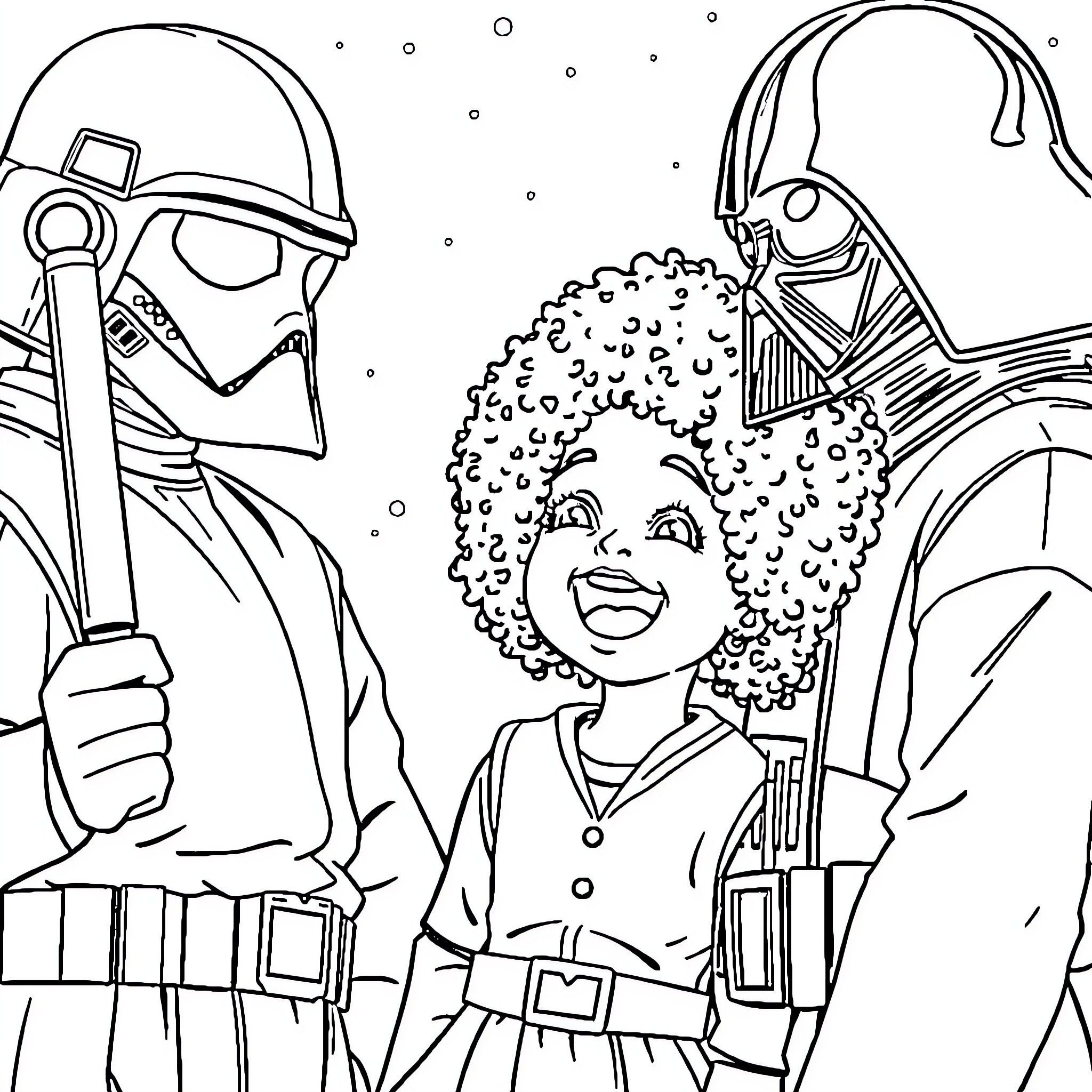 Star Wars characters in playful interaction Coloring Page (free black-and-white line drawing printable PDF for all, from beginners to advanced learners, including children, teens, adults, and seniors)