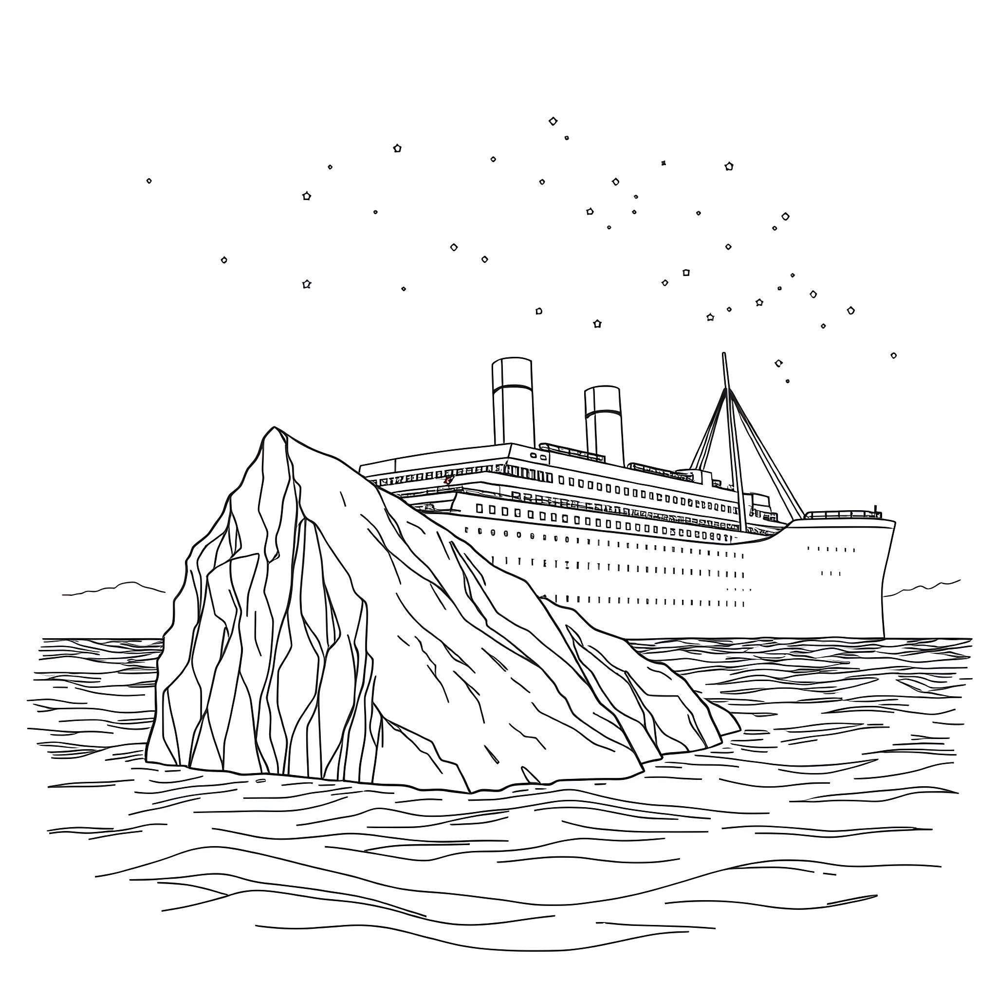 Titanic sailing through icy waters under starry skies Coloring Page (free black-and-white line drawing printable PDF for all, from beginners to advanced learners, including children, teens, adults, and seniors)