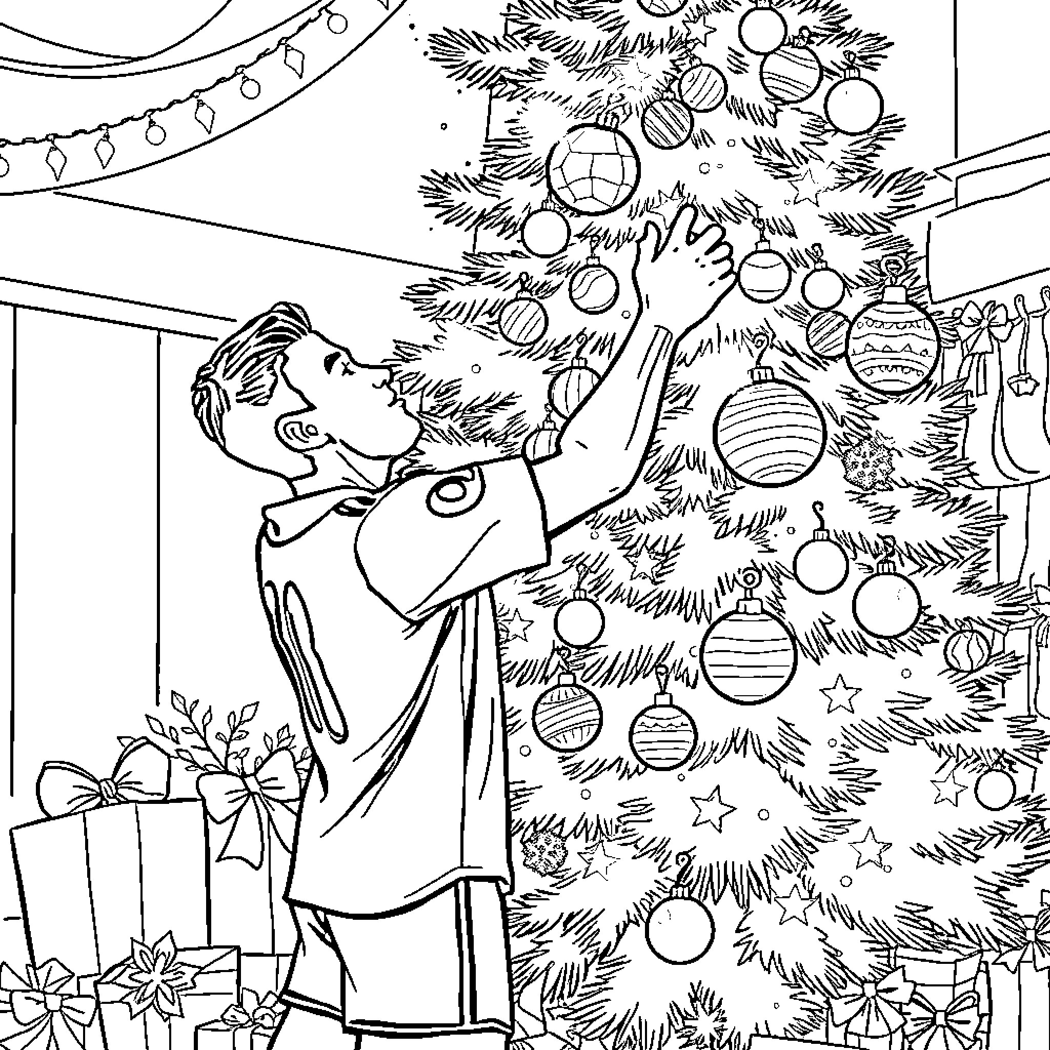 Ronaldo decorating the Christmas tree with ornaments Coloring Page (free black-and-white line drawing printable PDF for all, from beginners to advanced learners, including children, teens, adults, and seniors)