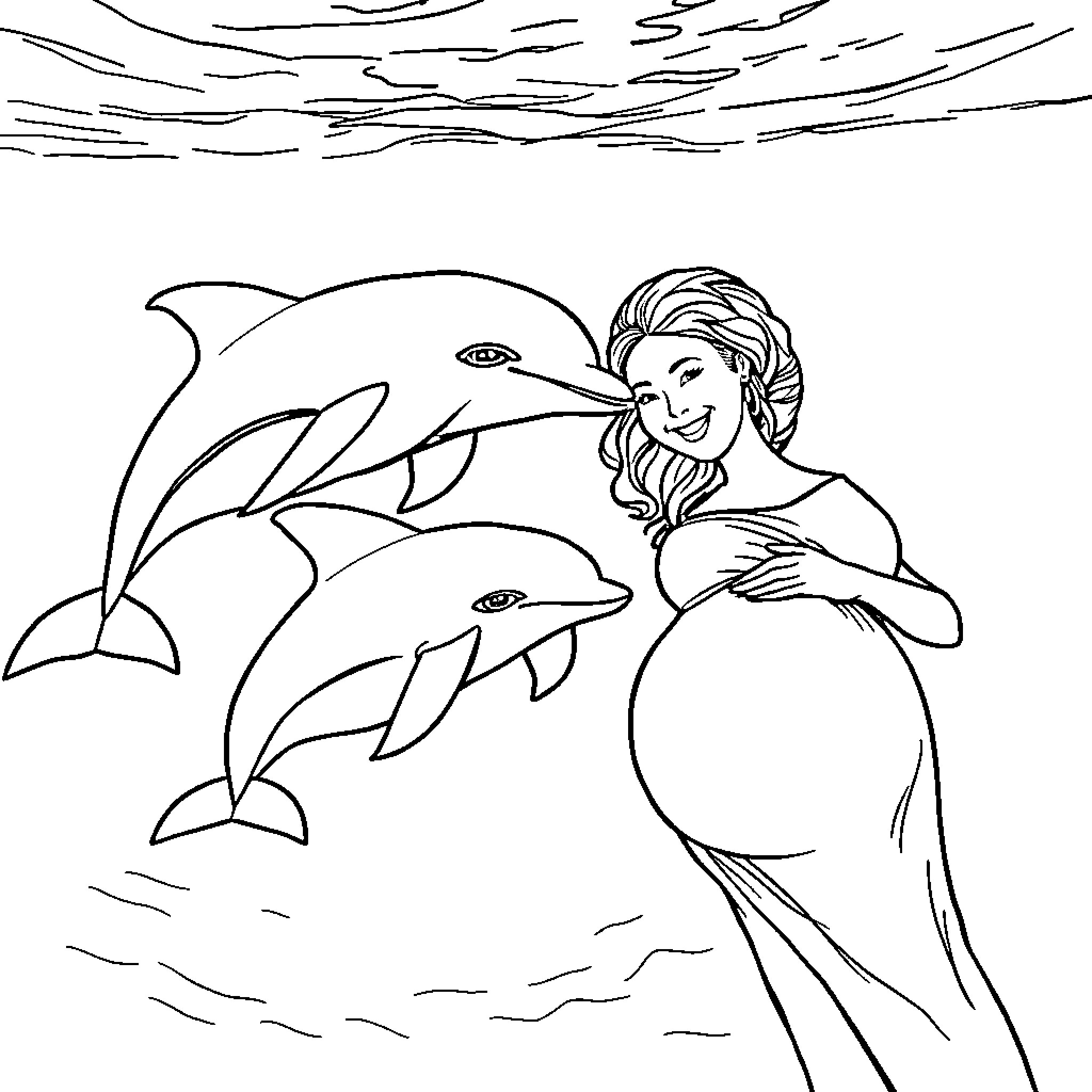 Dolphin friends playing with a pregnant woman Coloring Page (free black-and-white line drawing printable PDF for all, from beginners to advanced learners, including children, teens, adults, and seniors)