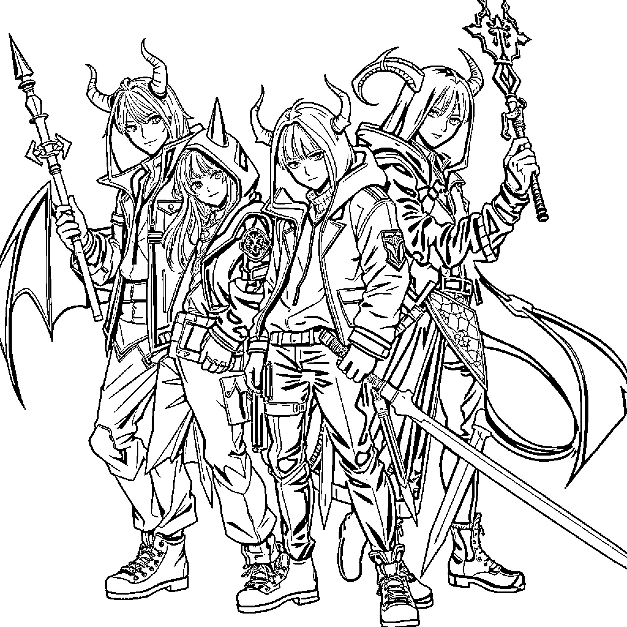 Demon Hunters Wielding Powerful Weapons and Fierce Expressions Coloring Page (free black-and-white line drawing printable PDF for all, from beginners to advanced learners, including children, teens, adults, and seniors)