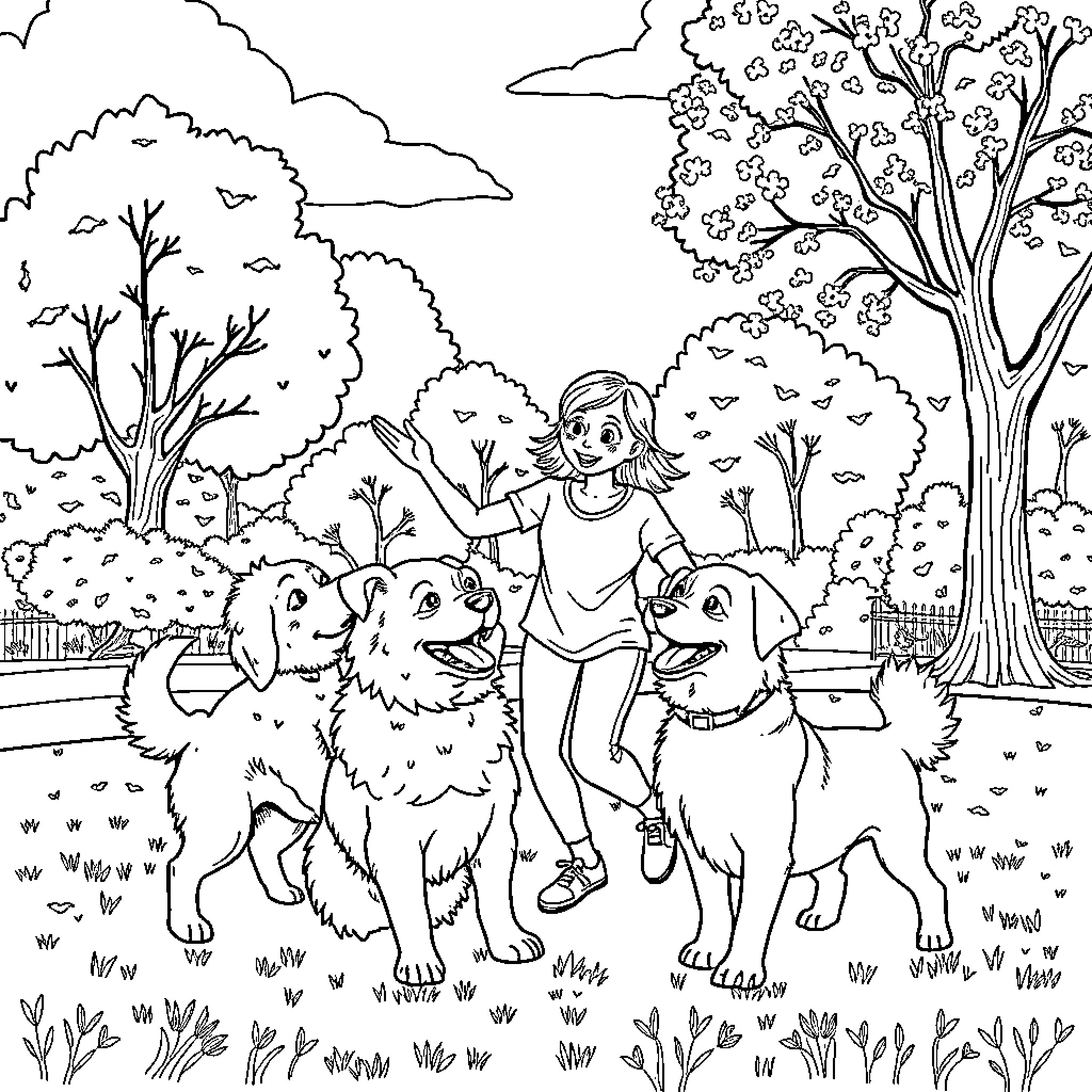 Dog walking with girl in park Coloring Page (free black-and-white line drawing printable PDF for all, from beginners to advanced learners, including children, teens, adults, and seniors)