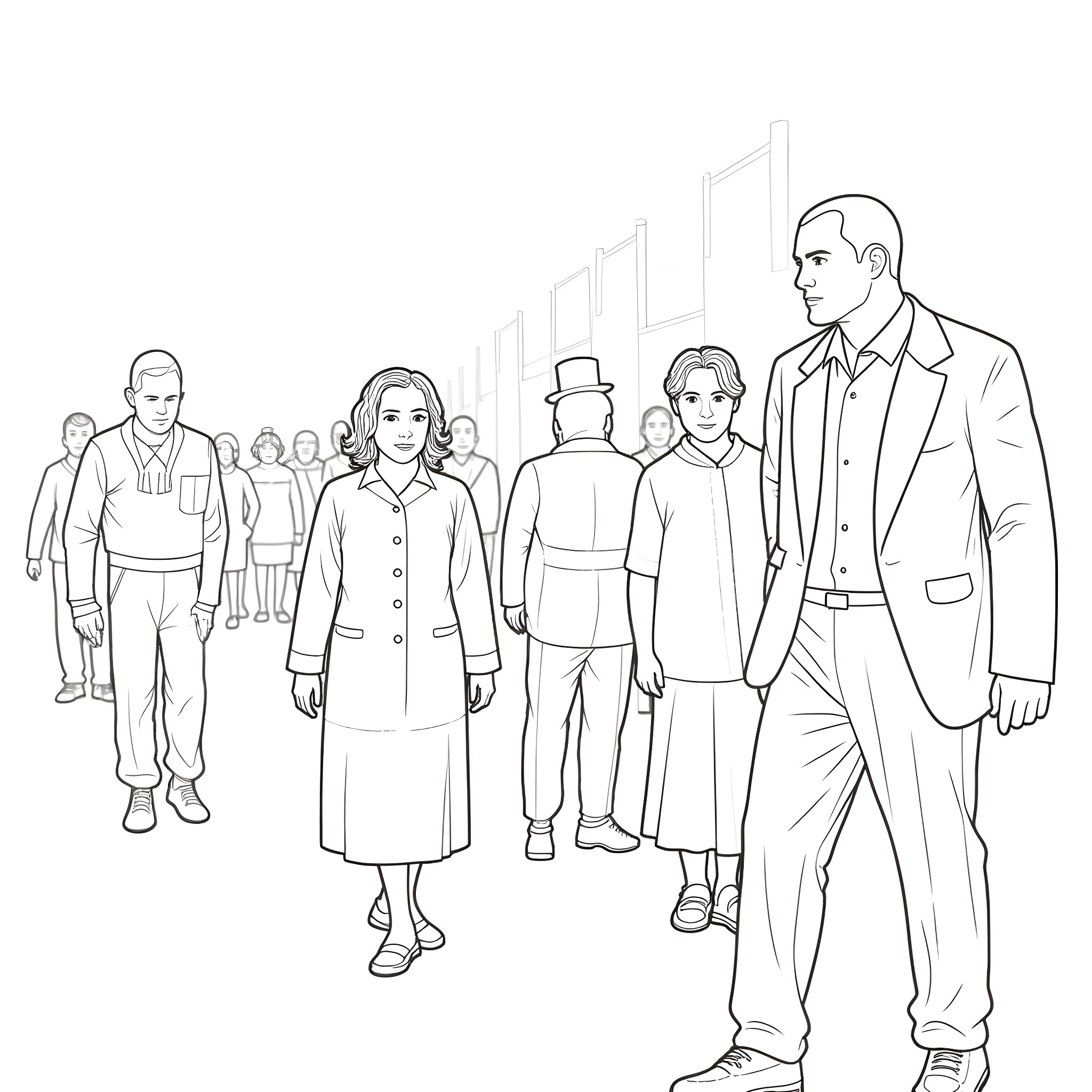 Schindler's List - People in period clothing and poses Coloring Page (free black-and-white line drawing printable PDF for all, from beginners to advanced learners, including children, teens, adults, and seniors)