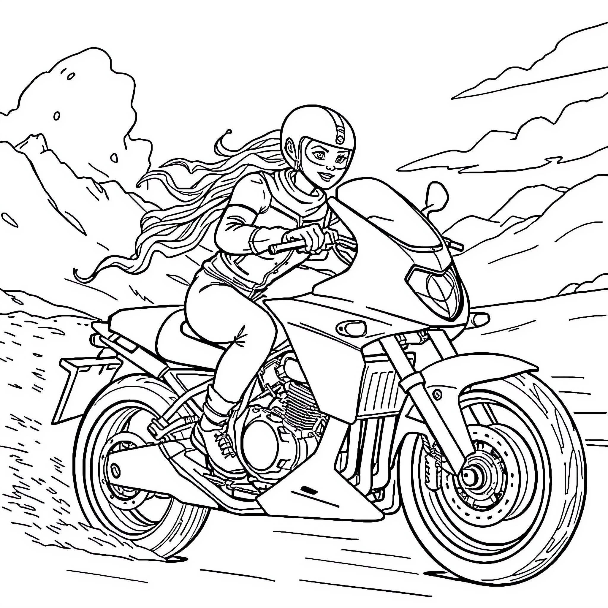 Queen riding a powerful motorcycle on the open road Coloring Page (free black-and-white line drawing printable PDF for all, from beginners to advanced learners, including children, teens, adults, and seniors)