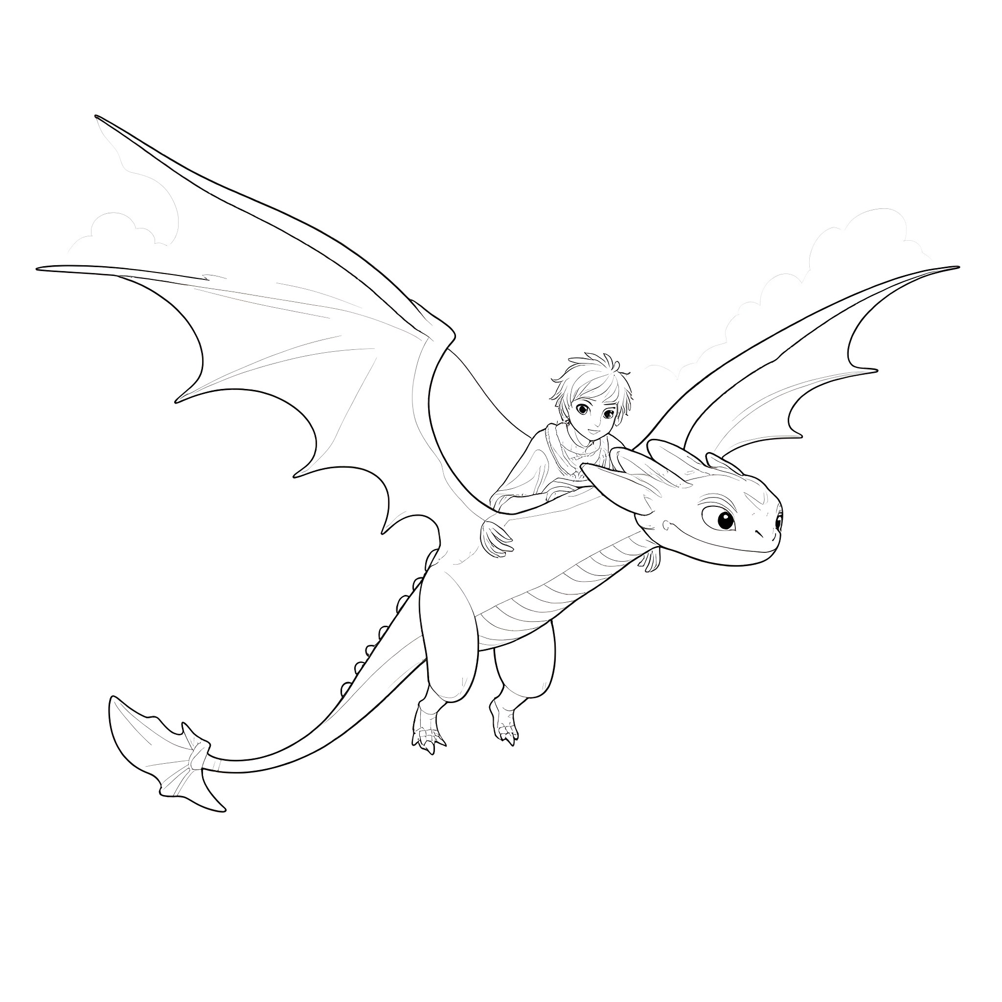 Dragon-Riding Boy and His Loyal Companion Coloring Page (free black-and-white line drawing printable PDF for all, from beginners to advanced learners, including children, teens, adults, and seniors)