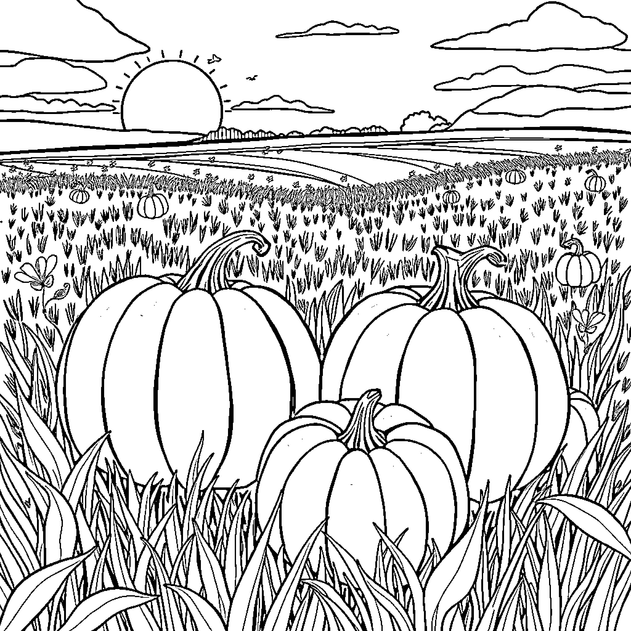 Pumpkin harvest in scenic countryside landscape Coloring Page (free black-and-white line drawing printable PDF for all, from beginners to advanced learners, including children, teens, adults, and seniors)