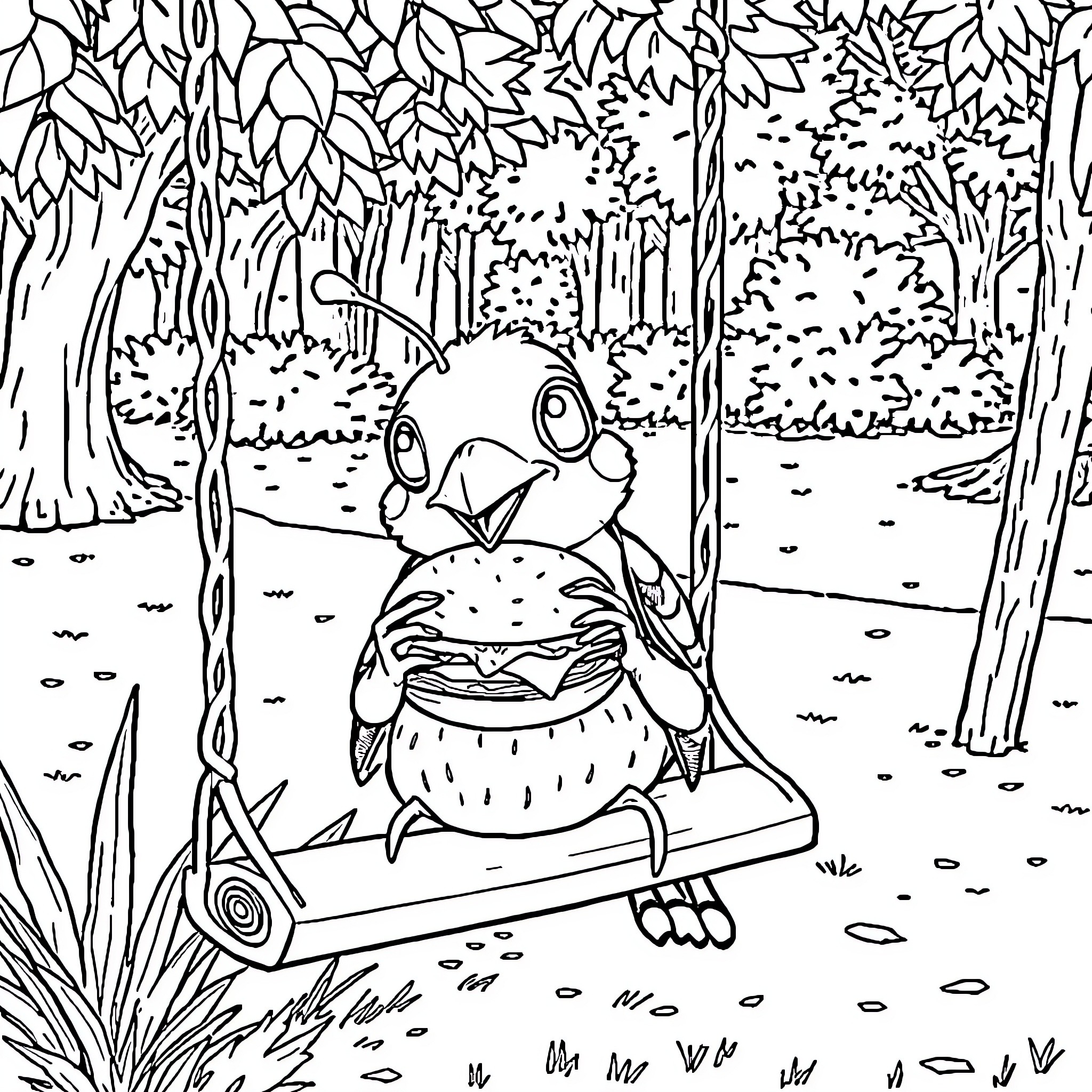 Bug Bird enjoying swing in enchanted forest Coloring Page (free black-and-white line drawing printable PDF for all, from beginners to advanced learners, including children, teens, adults, and seniors)
