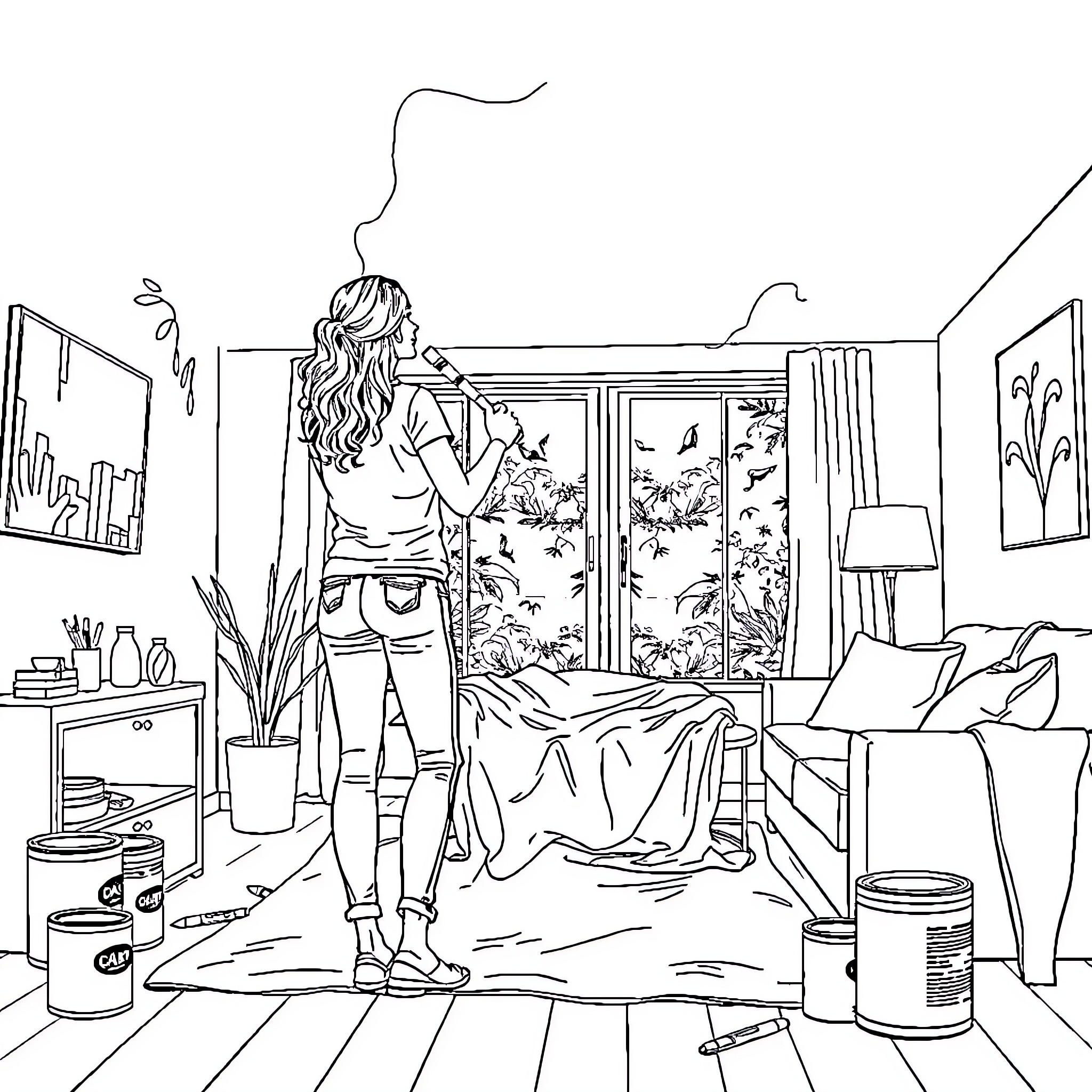 Woman standing by the window in her cozy bedroom Coloring Page (free black-and-white line drawing printable PDF for all, from beginners to advanced learners, including children, teens, adults, and seniors)