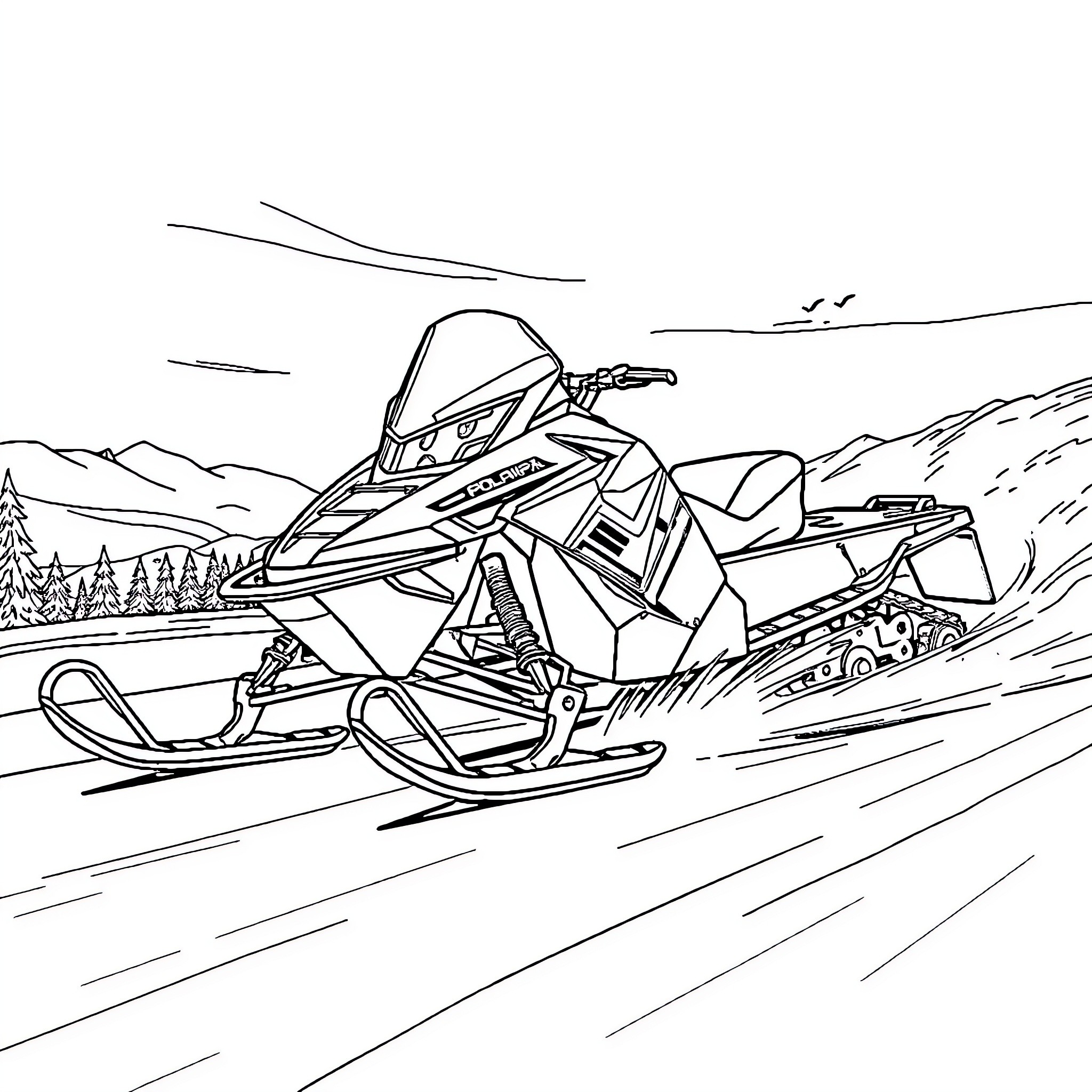 Snowmobile zooming through snowy mountain landscape Coloring Page (free black-and-white line drawing printable PDF for all, from beginners to advanced learners, including children, teens, adults, and seniors)