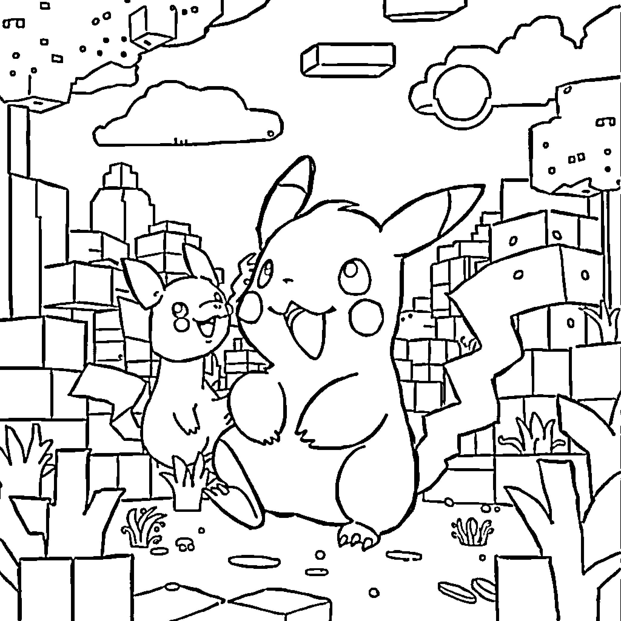 Pokémon characters exploring the city Coloring Page (free black-and-white line drawing printable PDF for all, from beginners to advanced learners, including children, teens, adults, and seniors)