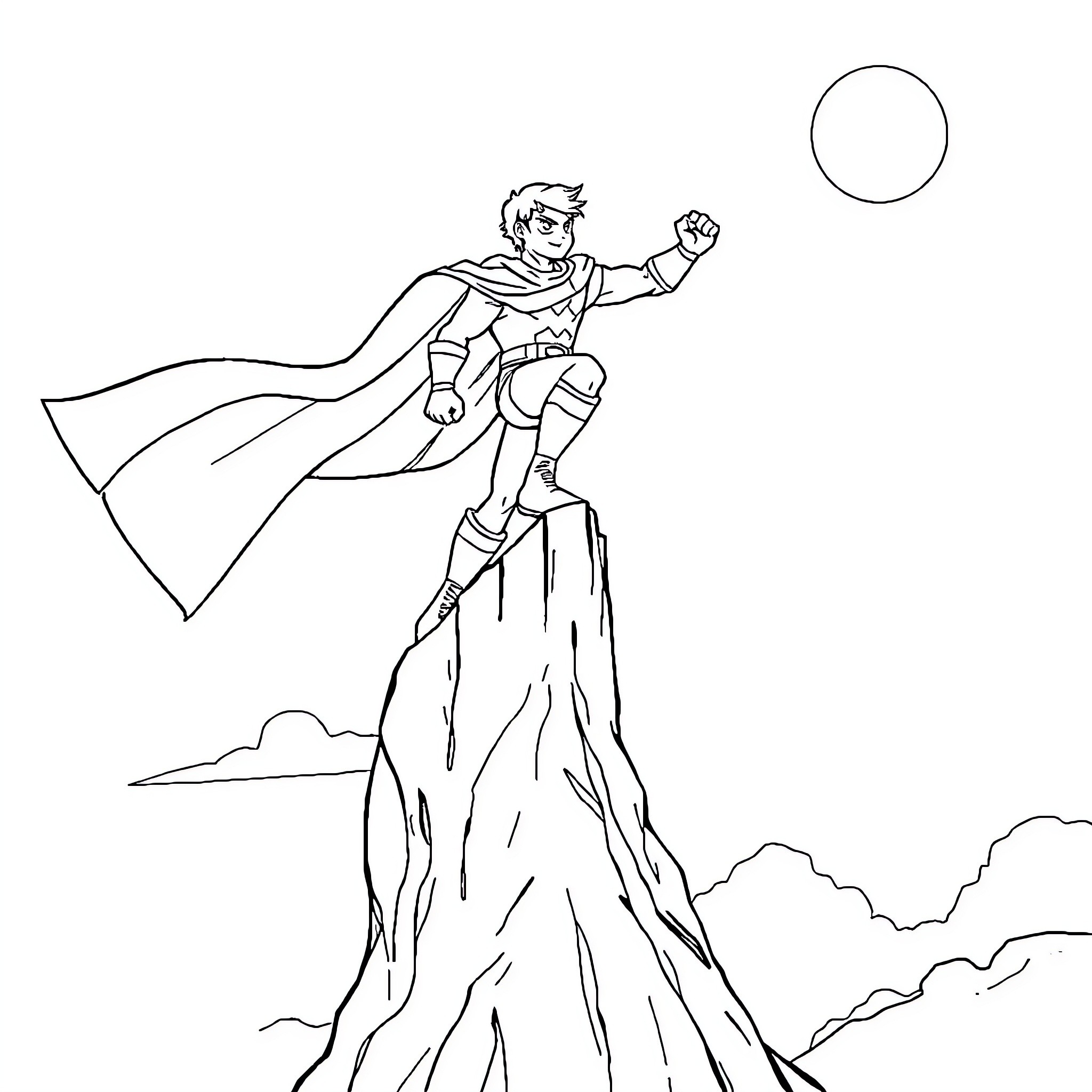 Hero soaring triumphantly above the clouds Coloring Page (free black-and-white line drawing printable PDF for all, from beginners to advanced learners, including children, teens, adults, and seniors)