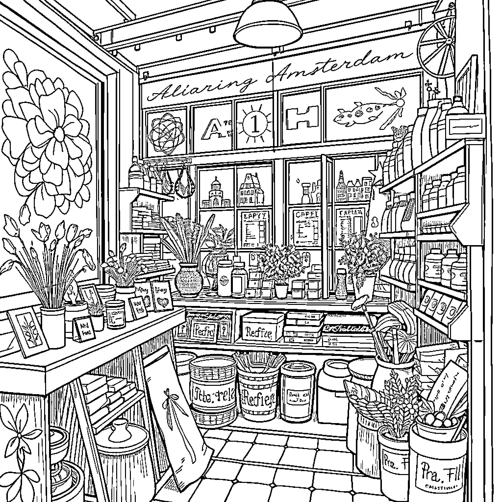 Amsterdam Artistic Shop with Diverse Merchandise Coloring Page (free black-and-white line drawing printable PDF for all, from beginners to advanced learners, including children, teens, adults, and seniors)