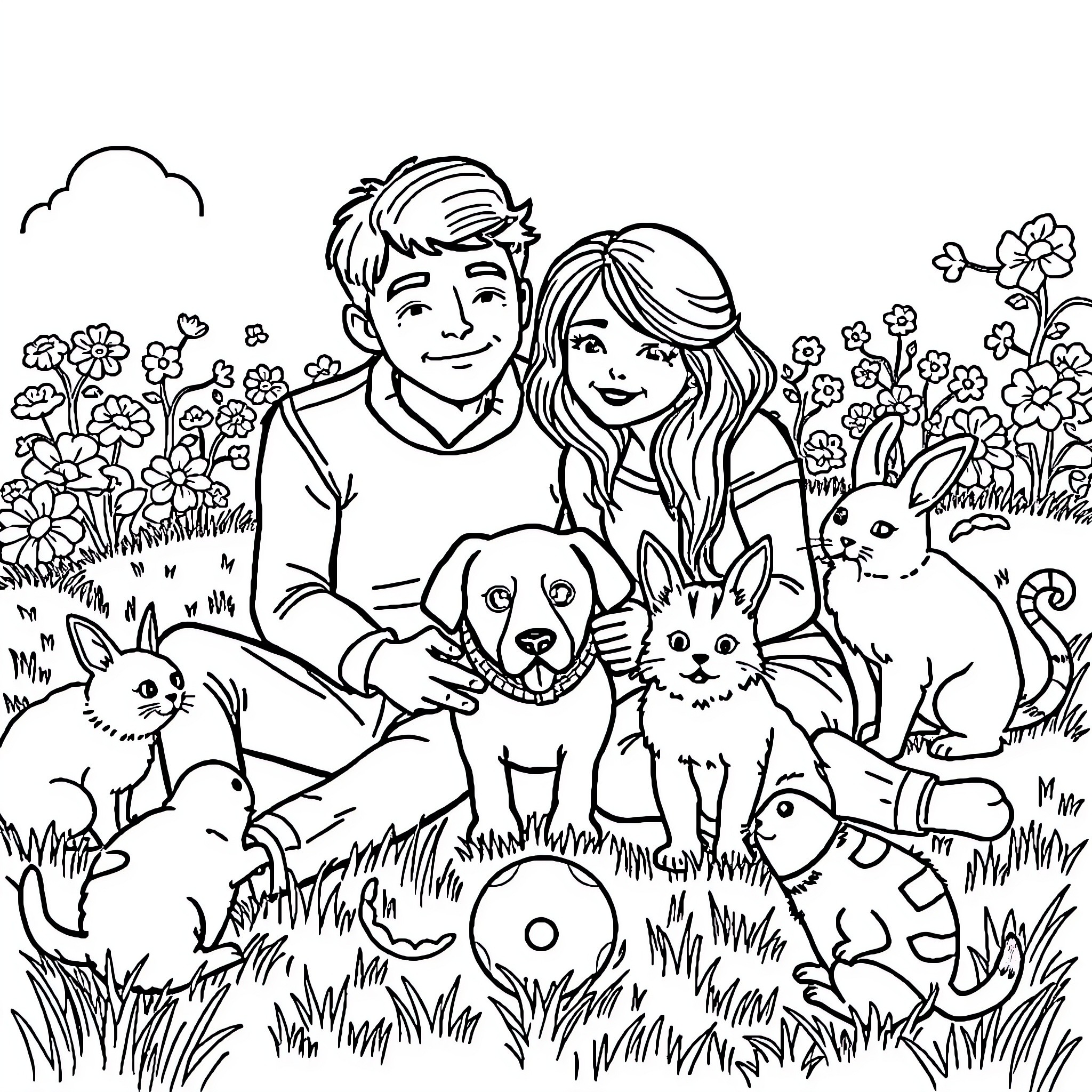 Couple Enjoying Nature with Pets Coloring Page (free black-and-white line drawing printable PDF for all, from beginners to advanced learners, including children, teens, adults, and seniors)