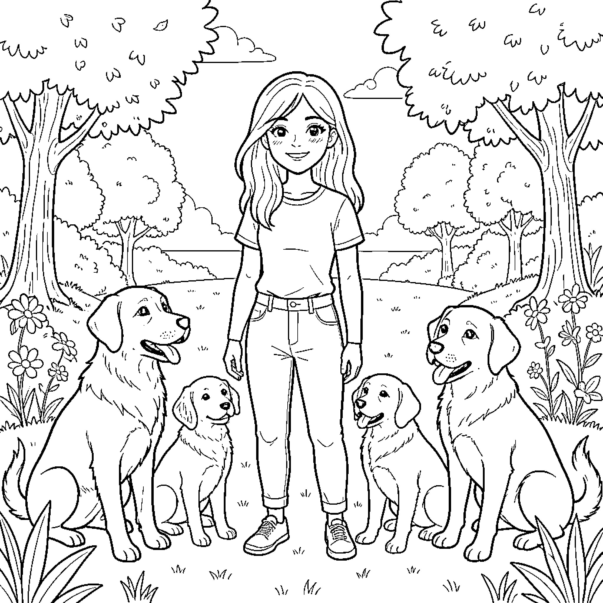 Mujer standing happily surrounded by four puppies Coloring Page (free black-and-white line drawing printable PDF for all, from beginners to advanced learners, including children, teens, adults, and seniors)