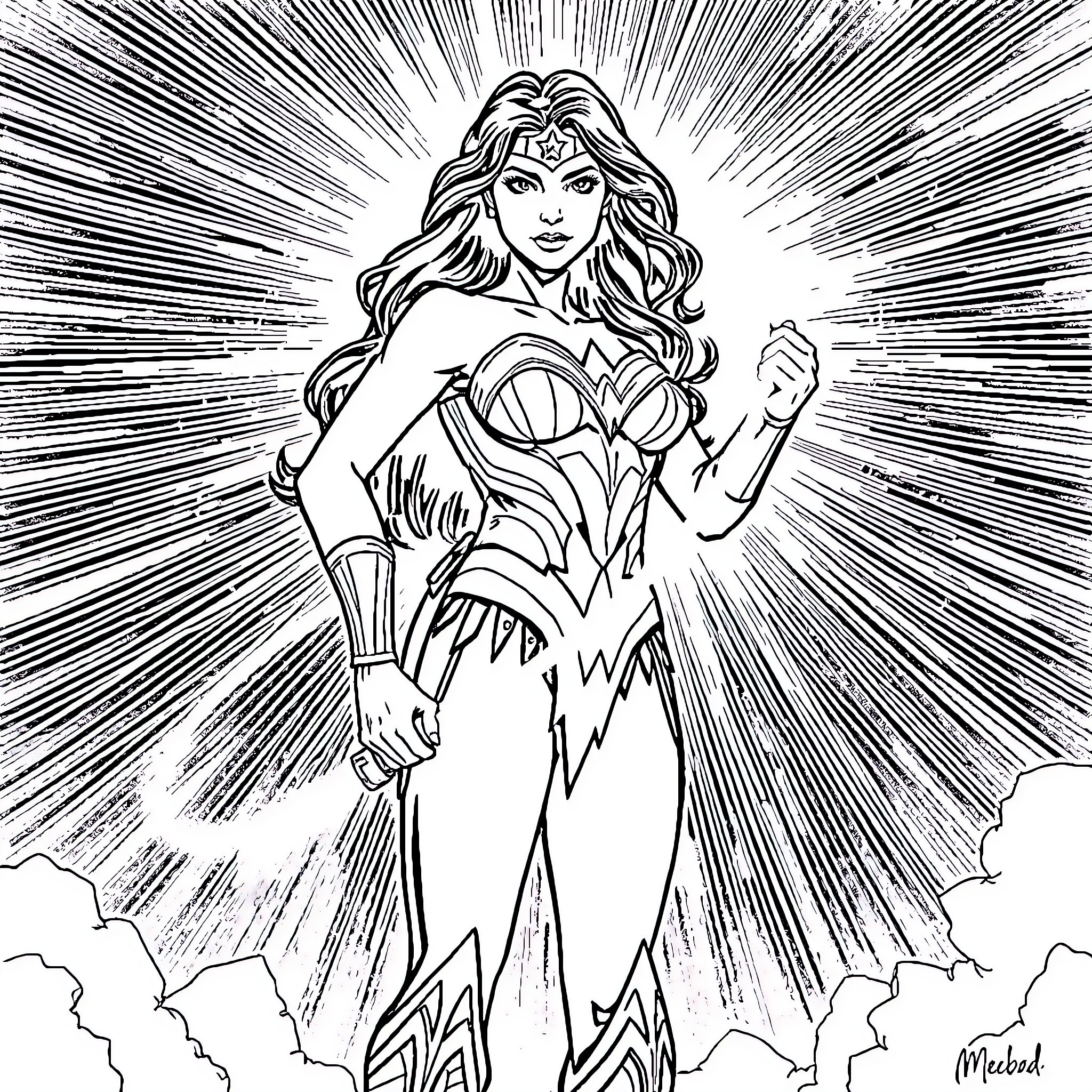 Wonder Woman in heroic action pose Coloring Page (free black-and-white line drawing printable PDF for all, from beginners to advanced learners, including children, teens, adults, and seniors)
