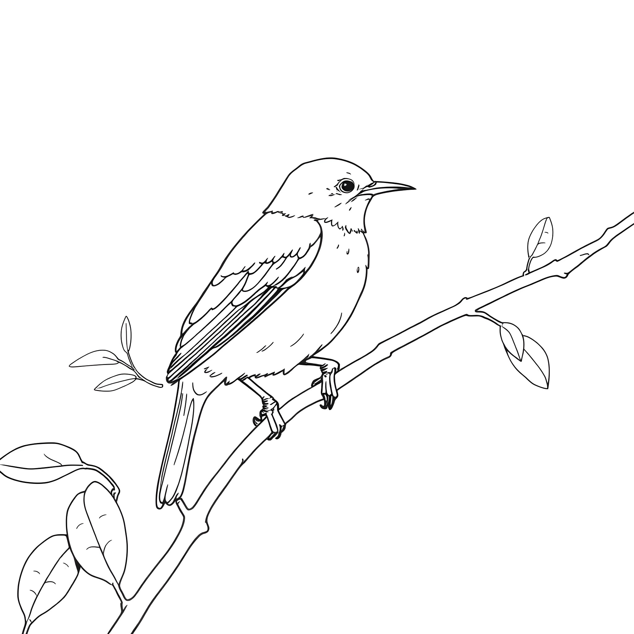 Honeycreeper perched on a branch with leaves Coloring Page (free black-and-white line drawing printable PDF for all, from beginners to advanced learners, including children, teens, adults, and seniors)