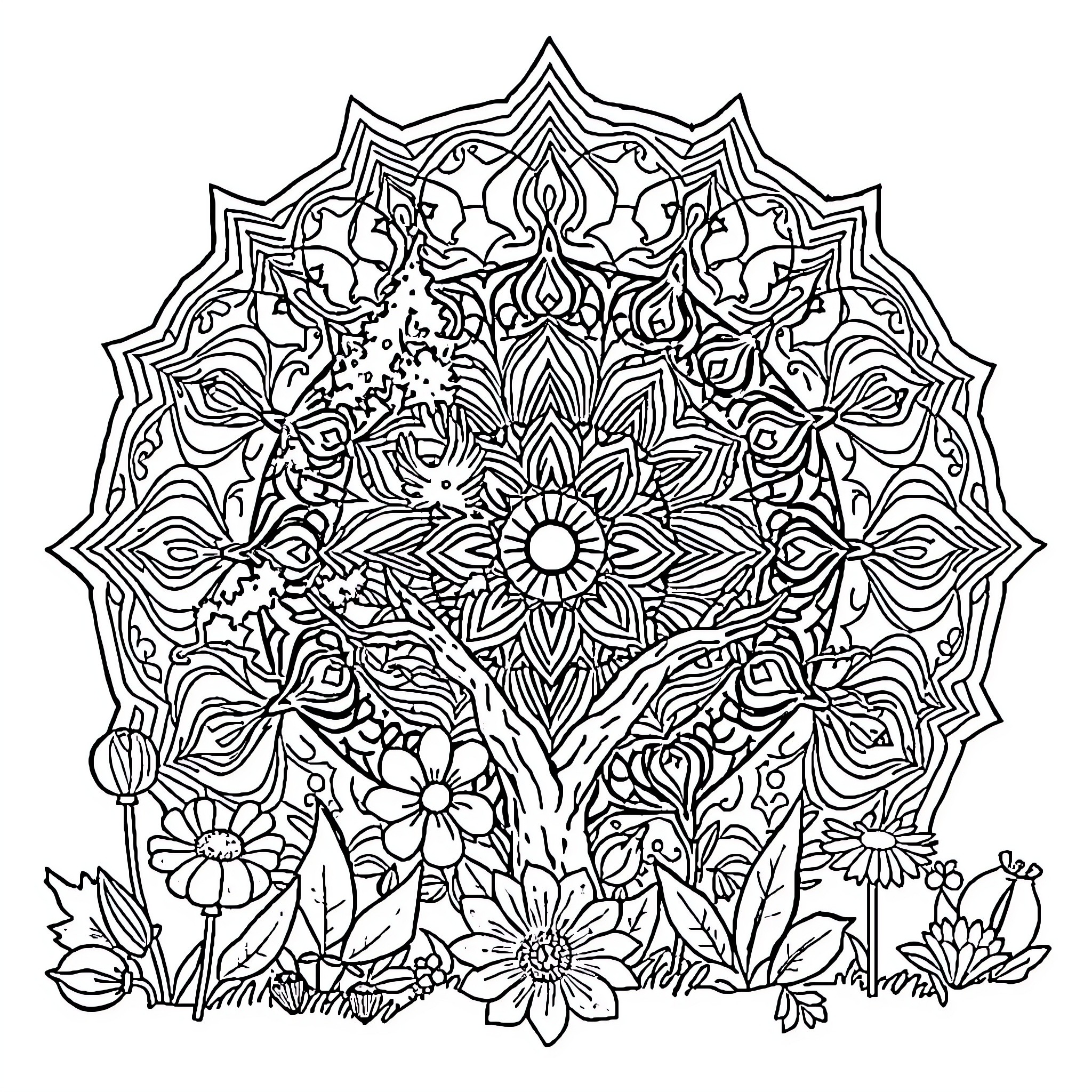 Nature Mandala with Intricate Floral Patterns Coloring Page (free black-and-white line drawing printable PDF for all, from beginners to advanced learners, including children, teens, adults, and seniors)
