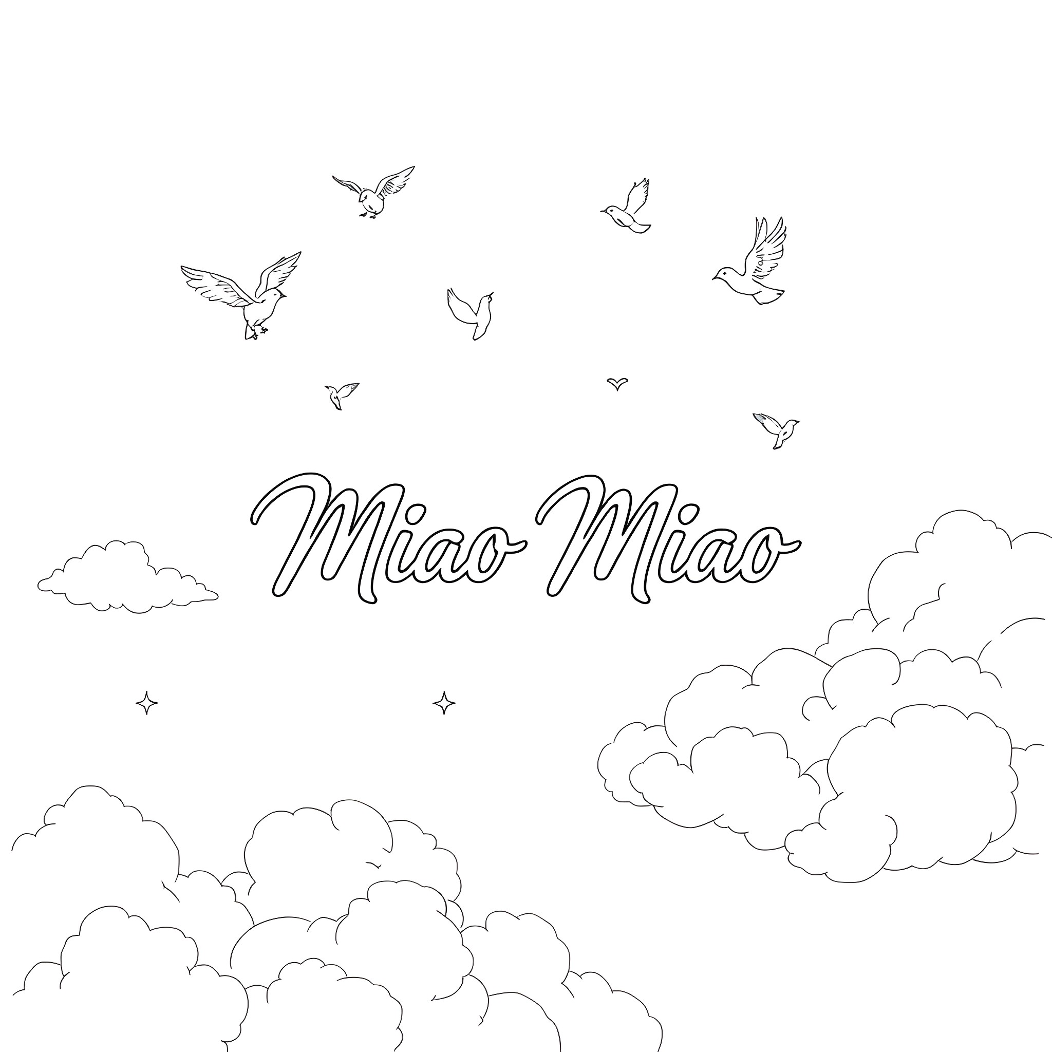 Name of birds flying happily in the cloudy sky Coloring Page (free black-and-white line drawing printable PDF for all, from beginners to advanced learners, including children, teens, adults, and seniors)