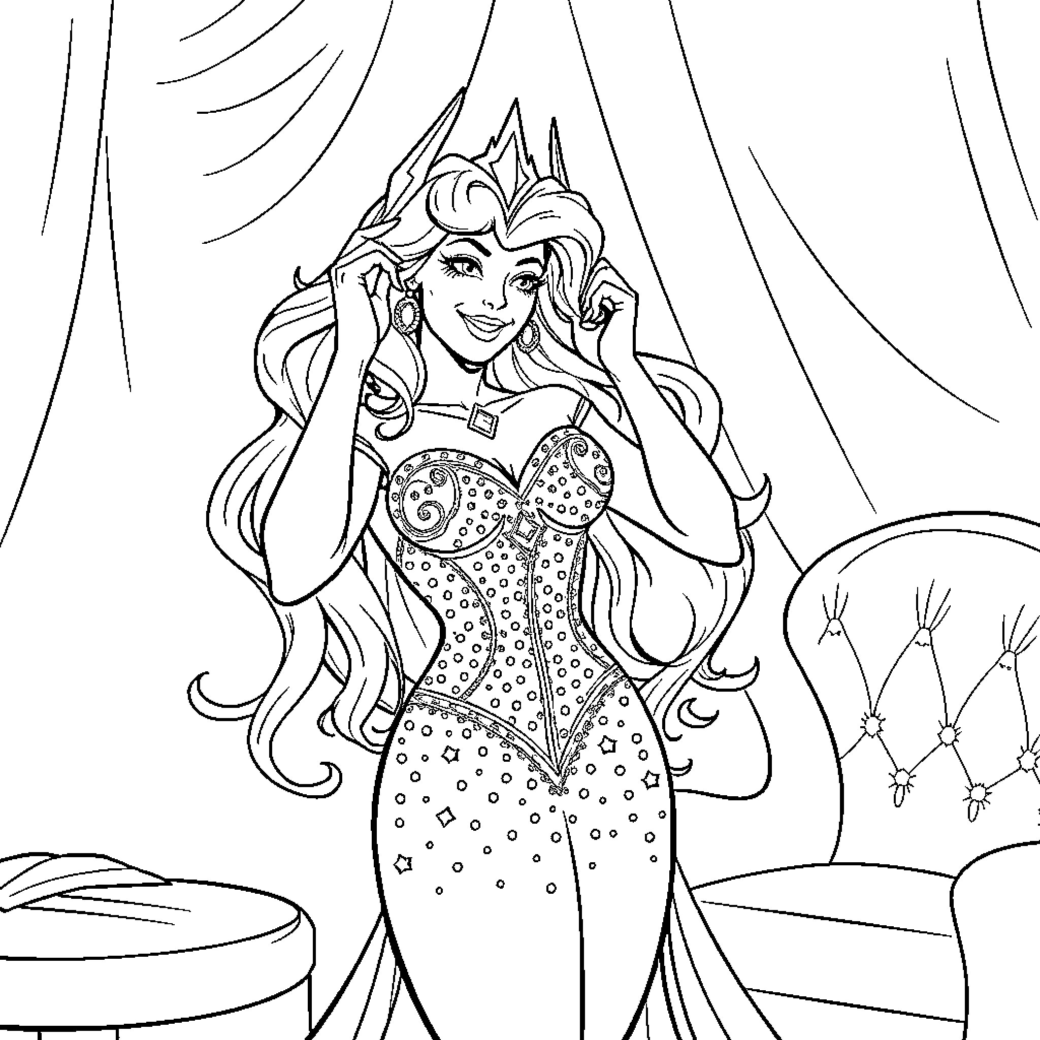 She-Ra in a Sparkling Gown on Stage Coloring Page (free black-and-white line drawing printable PDF for all, from beginners to advanced learners, including children, teens, adults, and seniors)