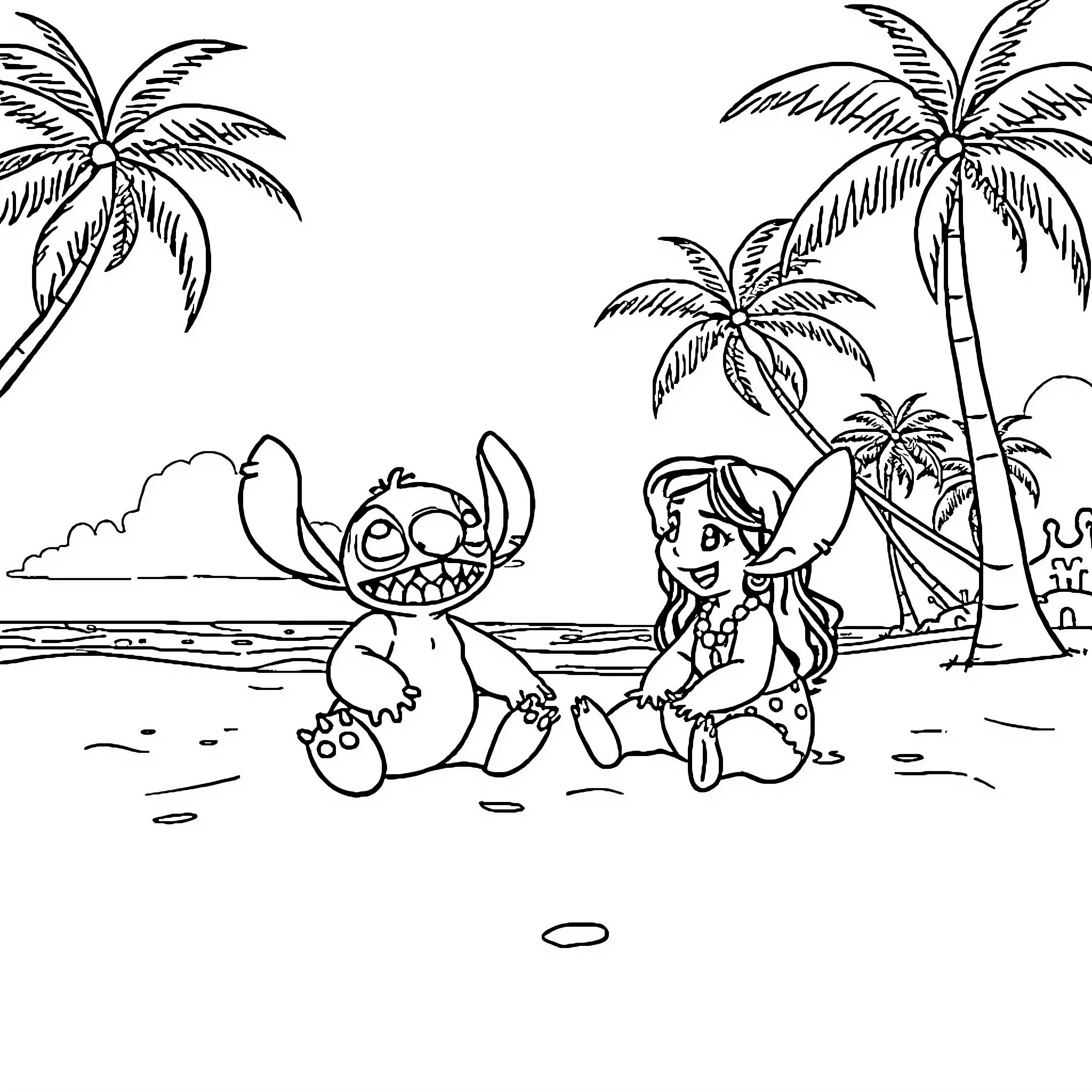 Lilo playing with Stitch on the beach Coloring Page (free black-and-white line drawing printable PDF for all, from beginners to advanced learners, including children, teens, adults, and seniors)