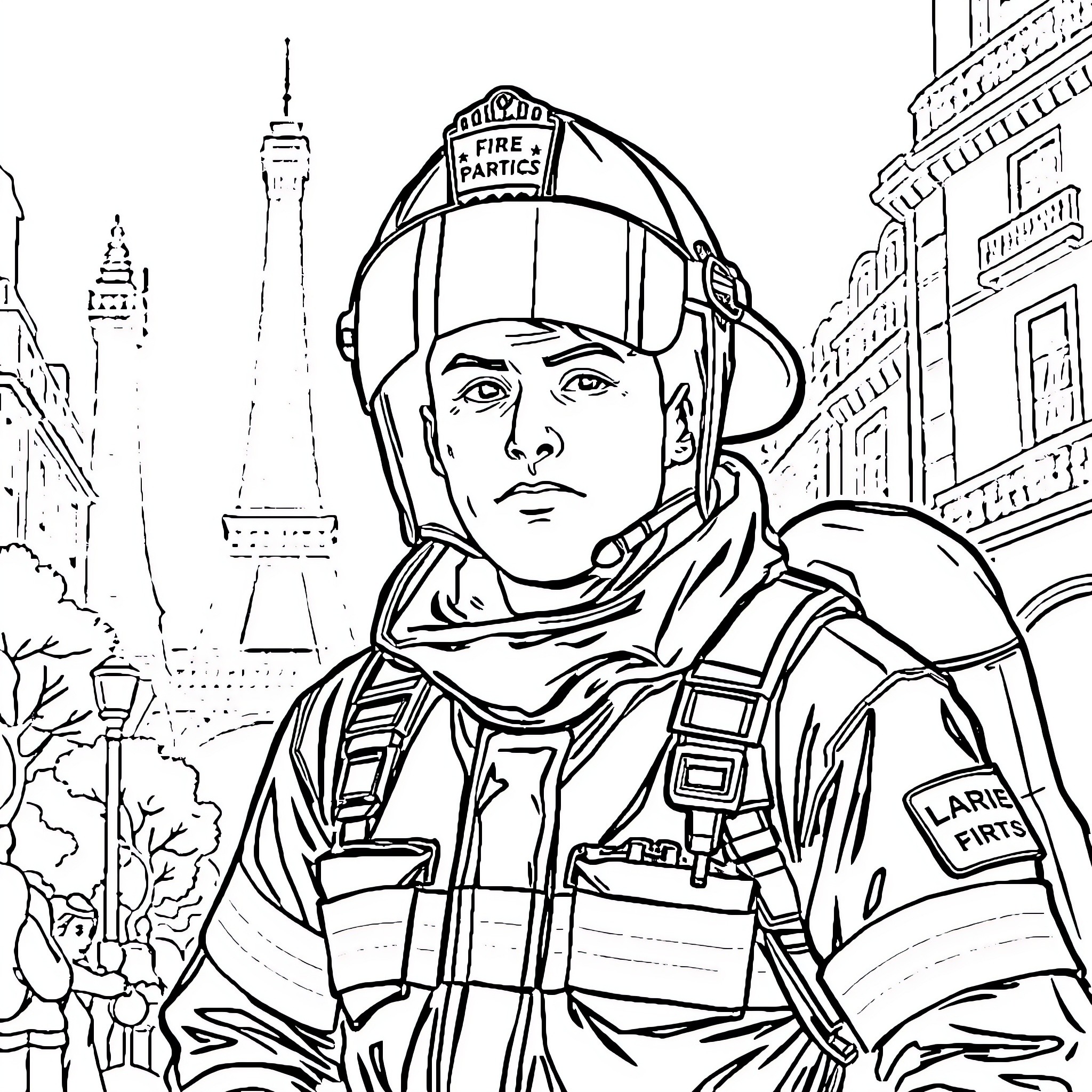 Firefighter Responding Bravely in the City Coloring Page (free black-and-white line drawing printable PDF for all, from beginners to advanced learners, including children, teens, adults, and seniors)