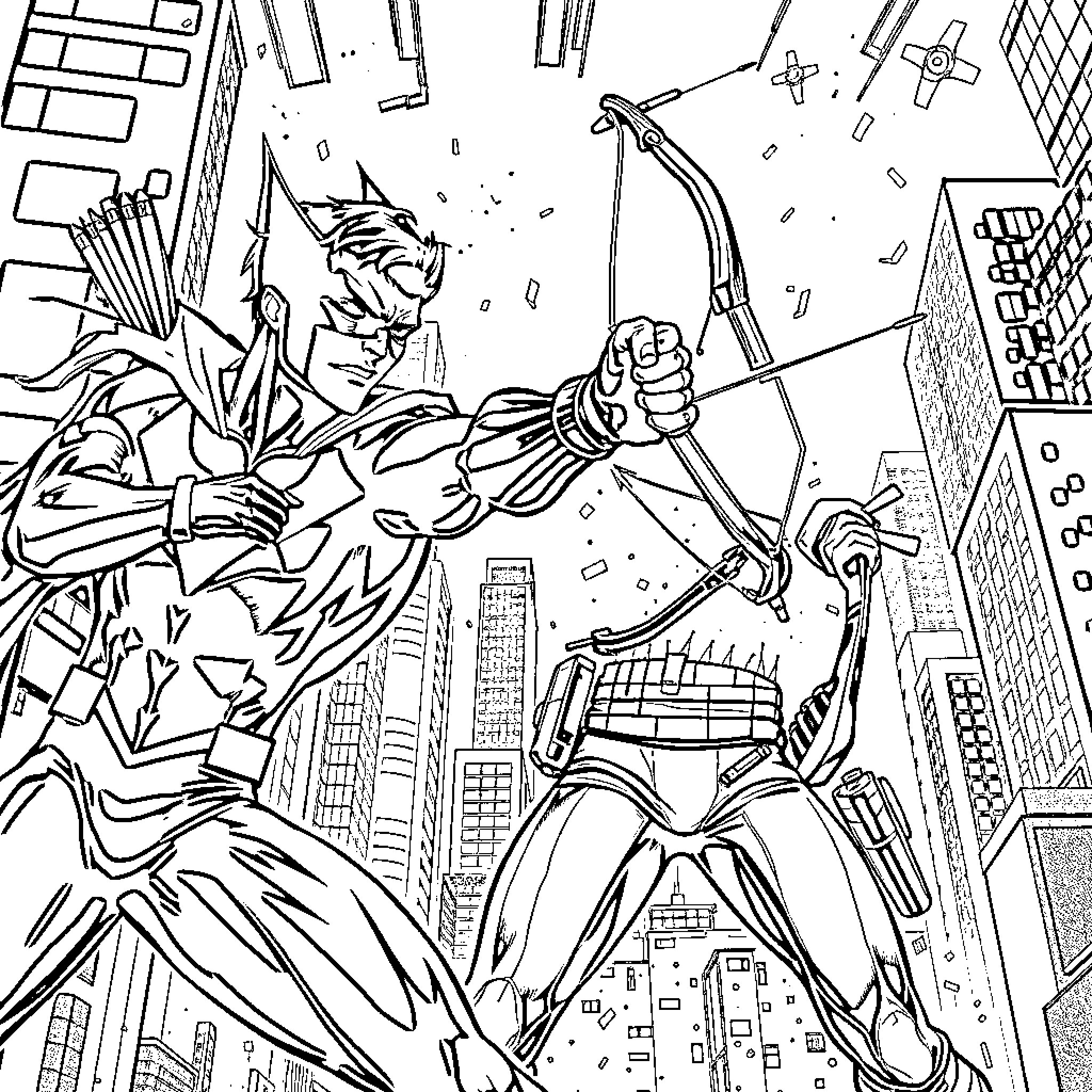 Nightwing swinging through the city skyline Coloring Page (free black-and-white line drawing printable PDF for all, from beginners to advanced learners, including children, teens, adults, and seniors)