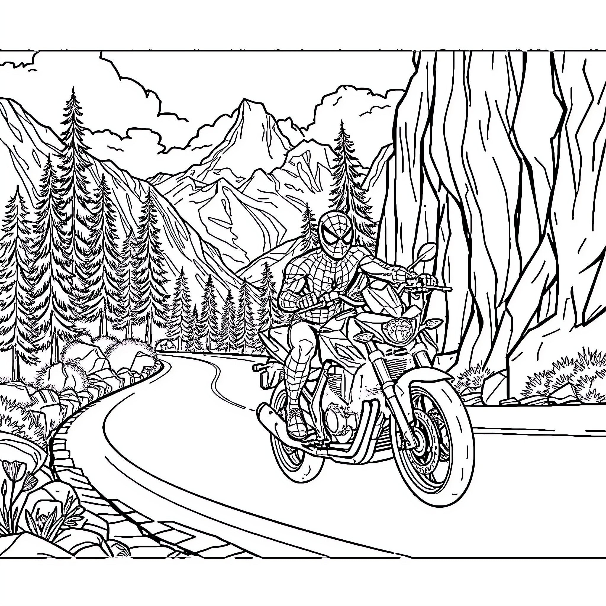 Spider-Man riding a motorcycle through a scenic mountain landscape Coloring Page (free black-and-white line drawing printable PDF for all, from beginners to advanced learners, including children, teens, adults, and seniors)