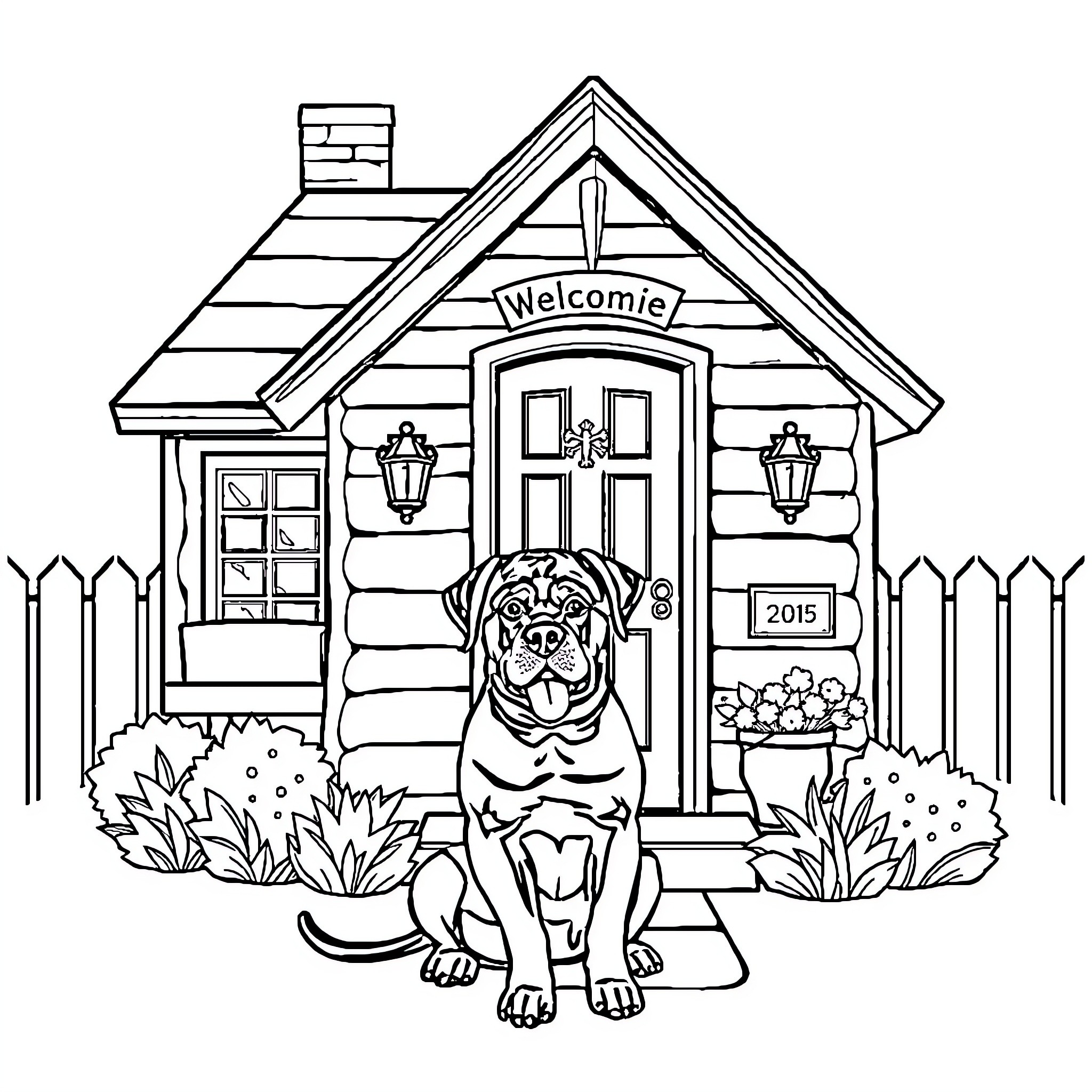 House with dog on porch in front of cottage Coloring Page (free black-and-white line drawing printable PDF for all, from beginners to advanced learners, including children, teens, adults, and seniors)