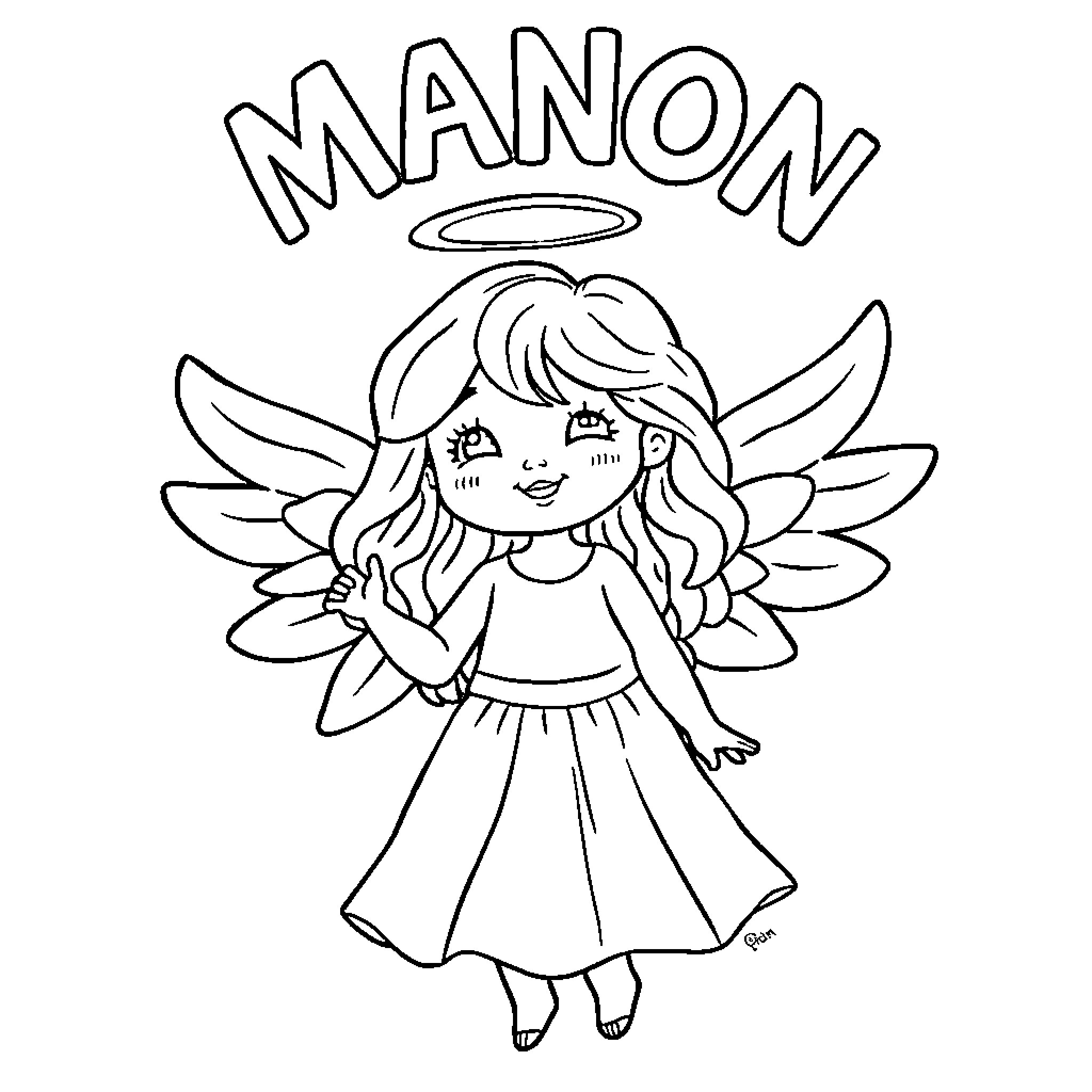 Angel named Manon with wings and halo Coloring Page (free black-and-white line drawing printable PDF for all, from beginners to advanced learners, including children, teens, adults, and seniors)