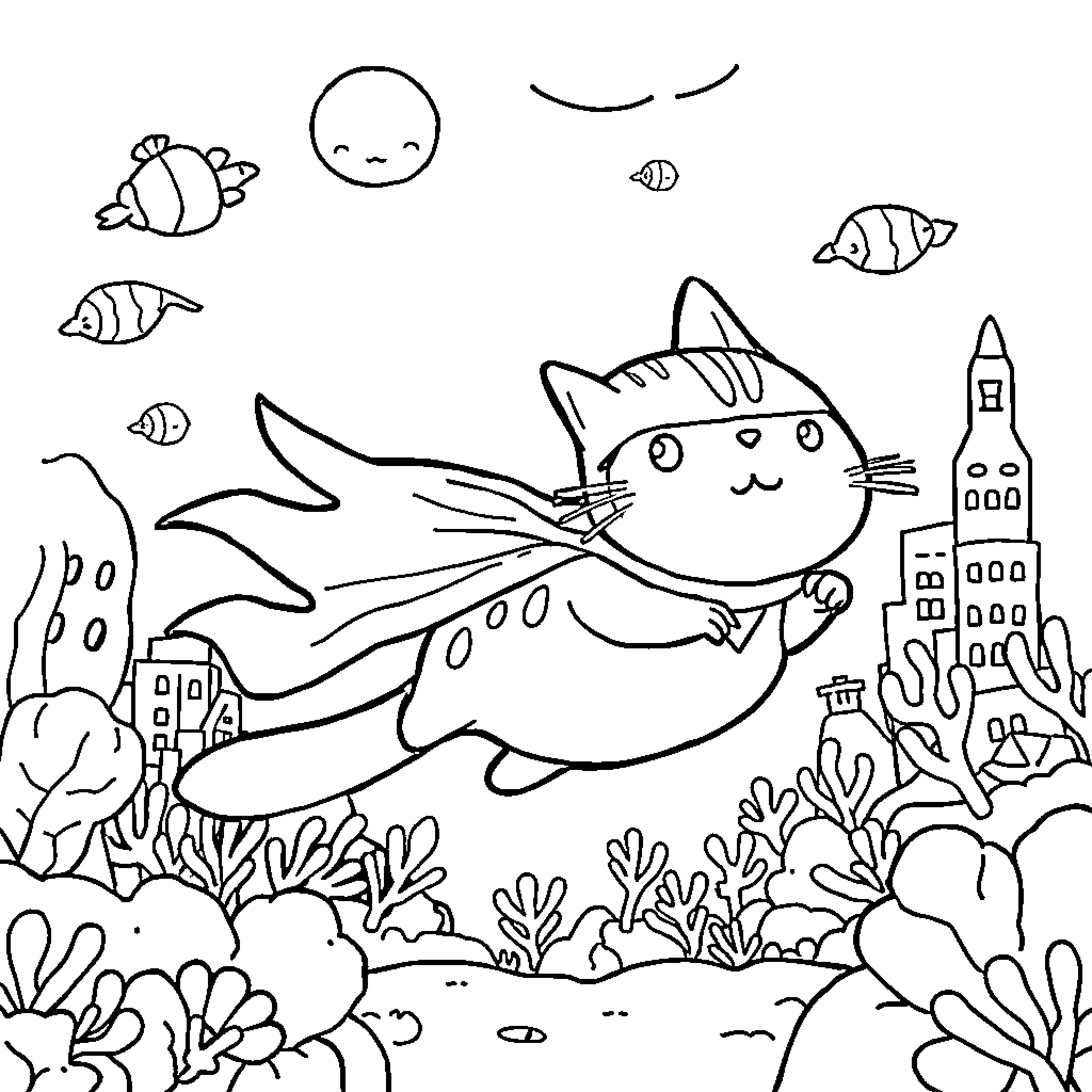 Pusheen explores the underwater world Coloring Page (free black-and-white line drawing printable PDF for all, from beginners to advanced learners, including children, teens, adults, and seniors)