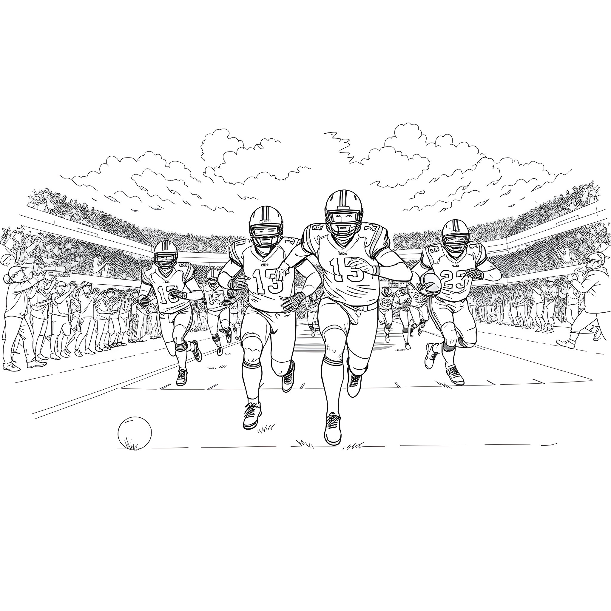 Football Players Competing on the Field Coloring Page (free black-and-white line drawing printable PDF for all, from beginners to advanced learners, including children, teens, adults, and seniors)